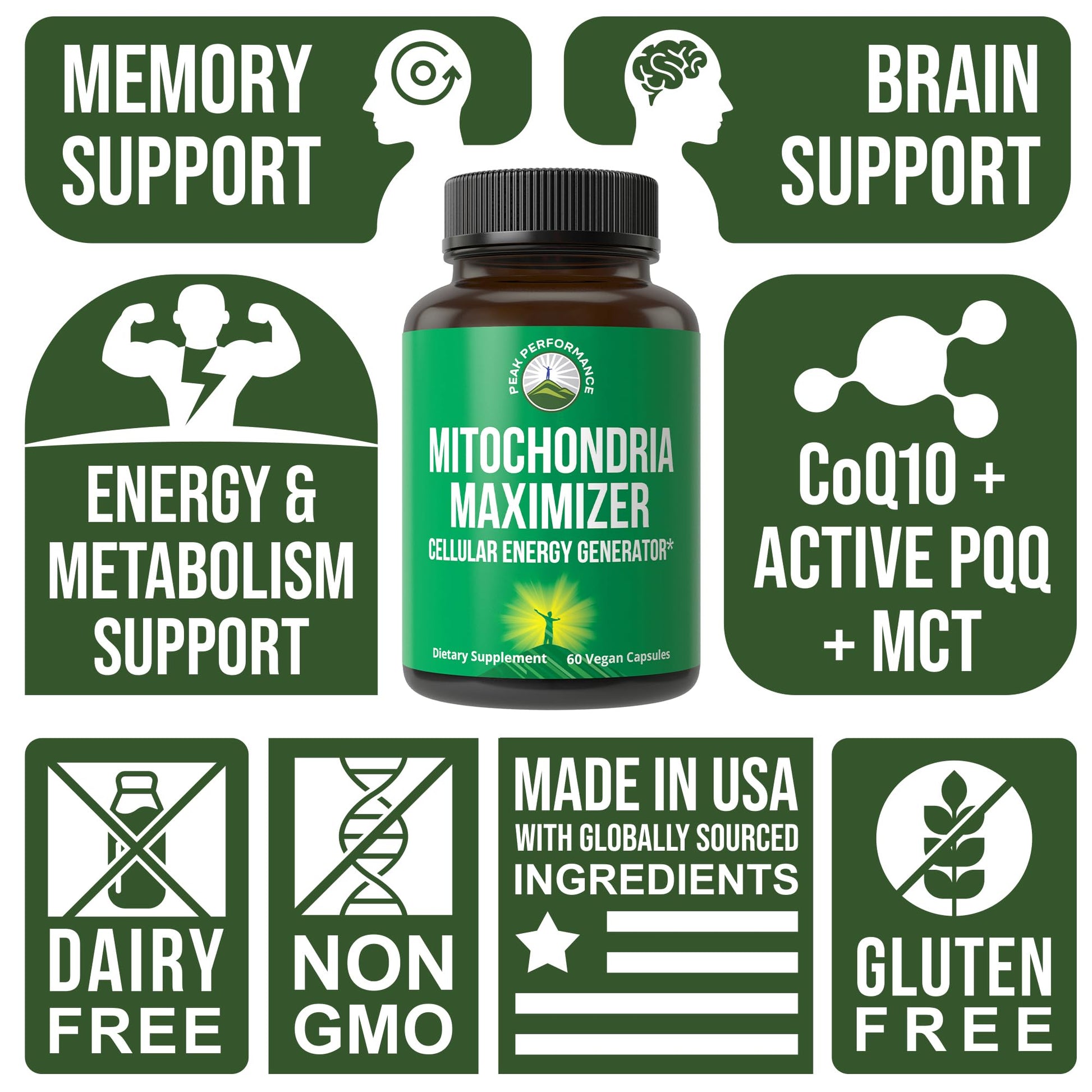 Peak Performance Mitochondria Maximizer with CoQ10 and Active PQQ. Best Mitochondrial Support Supplement with MCT Oil. Natural Cellular Generator for Clean, Energy Support. 60 Vegetarian Capsules Peak Performance Au supplements