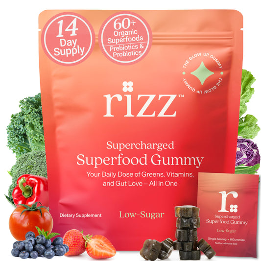 Rizz Low Sugar Green Gummies - 60+ Superfoods 6g Fiber - Prebiotic and Probiotic Gummies - Vegan Multivitamins for Women & Men - Gluten Free - Mushroom, RIZZUS supplements