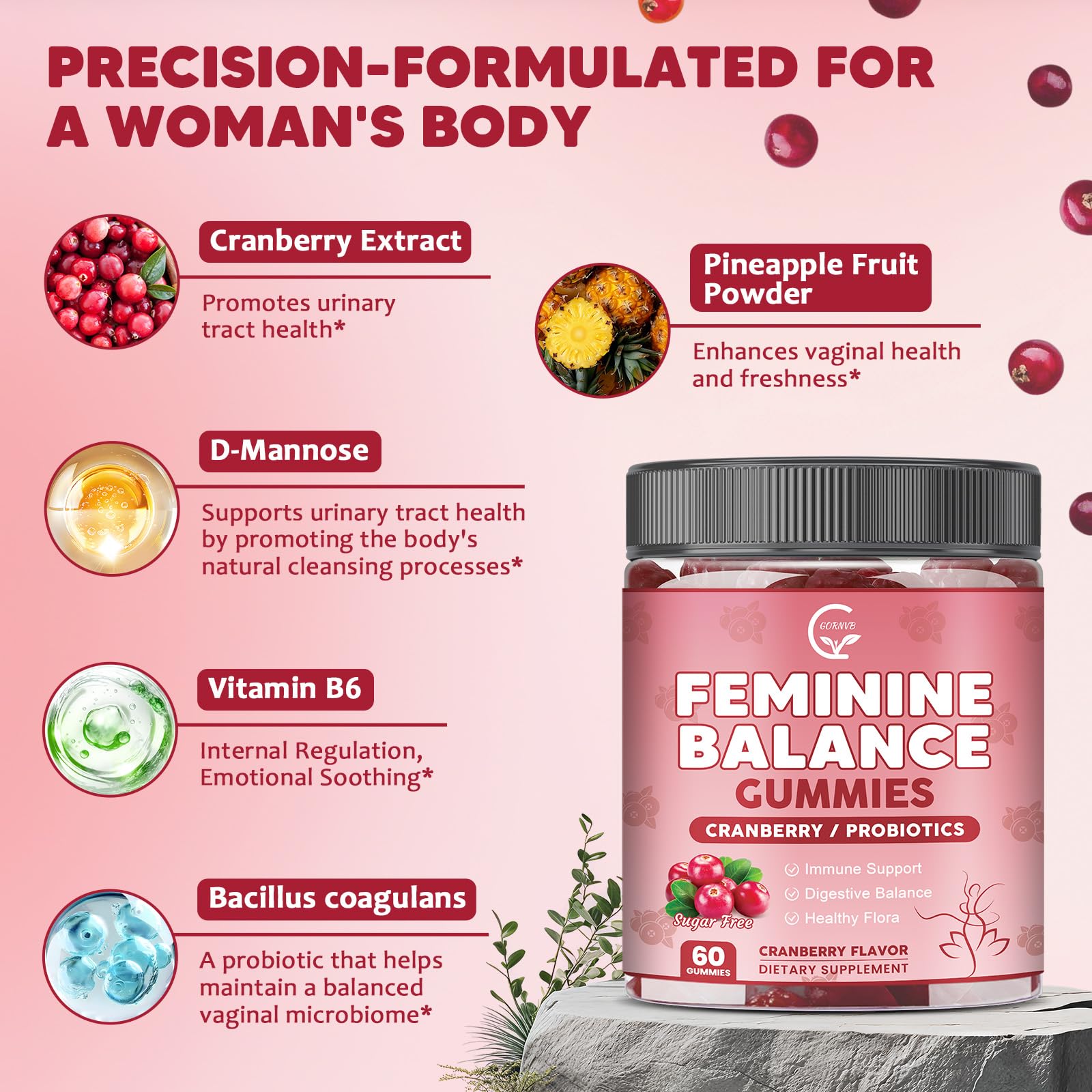 GORNVB Premium Feminine Balance Gummies for Women, Support pH Balance & Vaginal Probiotics Health Gummies with Cranberry Pineapple Powder, D-Mannose, Sugar Free, Gluten Free, Vegan GORNVB Au supplements