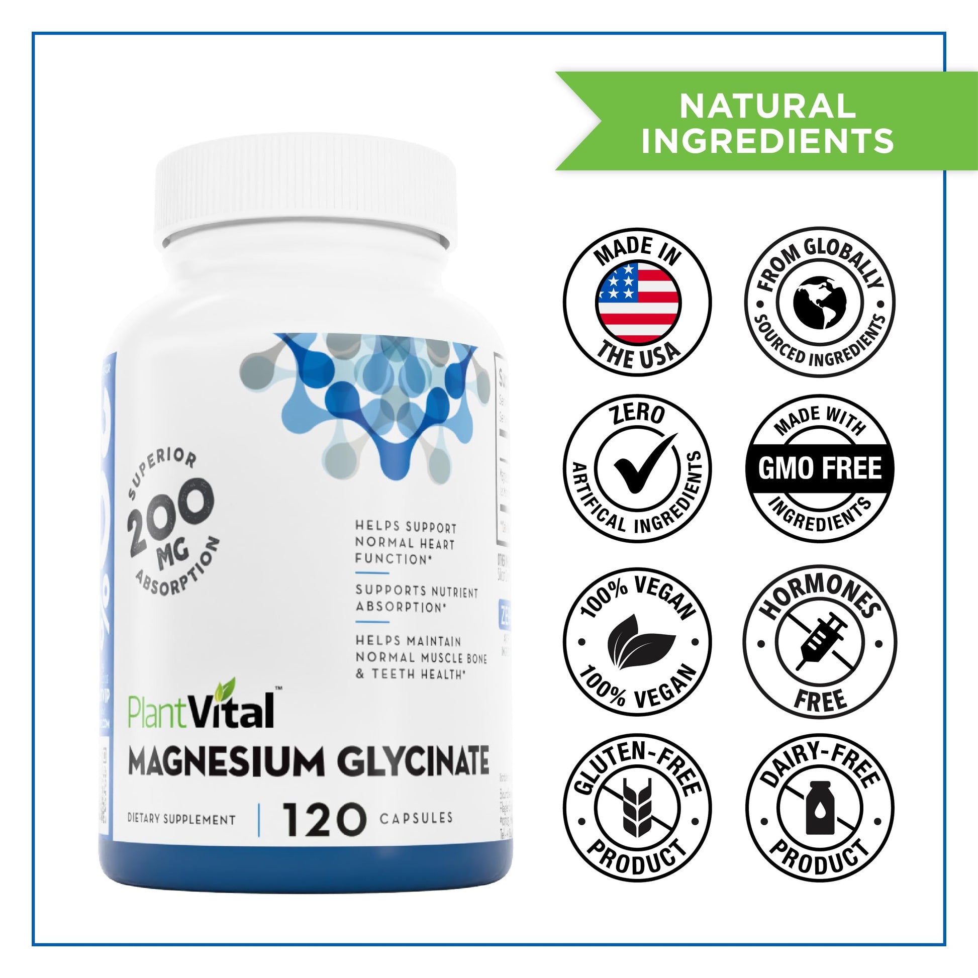 PlantVital Magnesium Glycinate 200mg - Supports Restful Sleep, Muscle & Nerve Function, Normal Heart & Bone Health - Feel Calm & Relax - Vegan, Third Party Tested, Gluten Free, Non-GMO - 120 Capsules Plantvital Au supplements