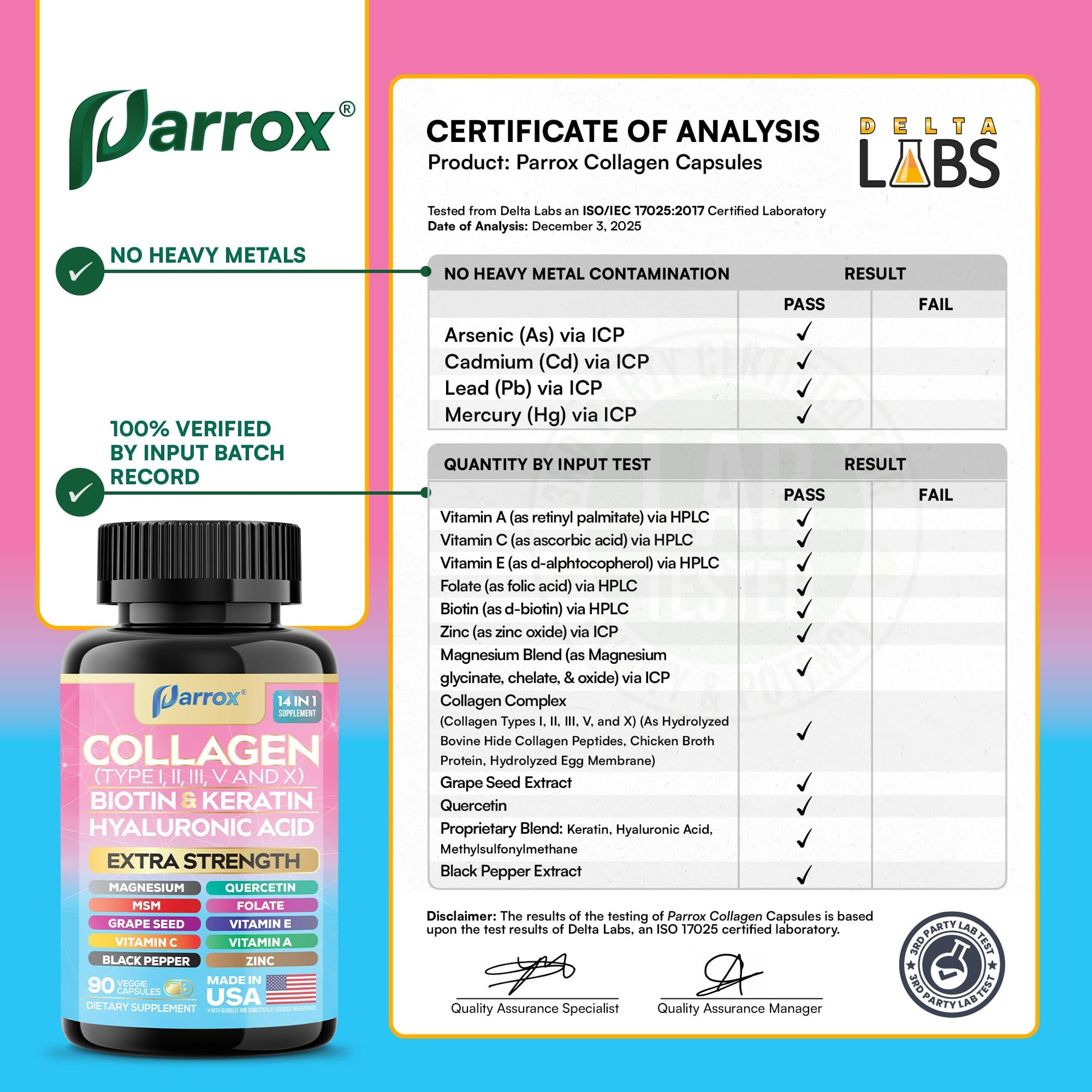 Parrox Collagen Peptides Types I, II, III, V & X, MCG Biotin, Keratin, Hyaluronic Acid, MSM, Zinc, Grape Seed Extract, Quercetin, Vitamin A, Vitamin C, Vitamin E, Magnesium, Folic Acid (90 Capsules) Parrox Au supplements
