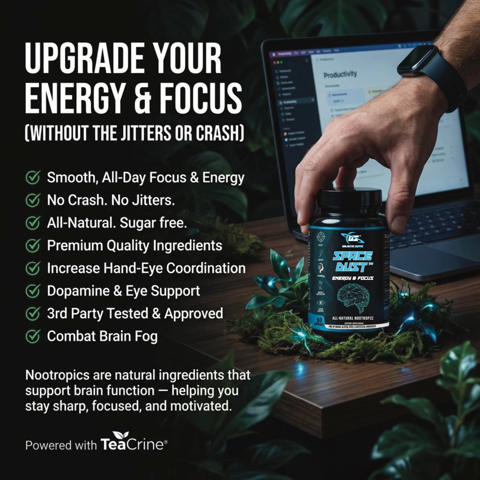 Space Dust Brain Supplements for Memory and Focus – Nootropic Focus Supplement for Brain Health & Mind Boost with TeaCrine, Caffeine, L-Tyrosine, L-Theanine – Cognitive Support Capsules, 60 Count GALACTIC SUPPS Au supplements