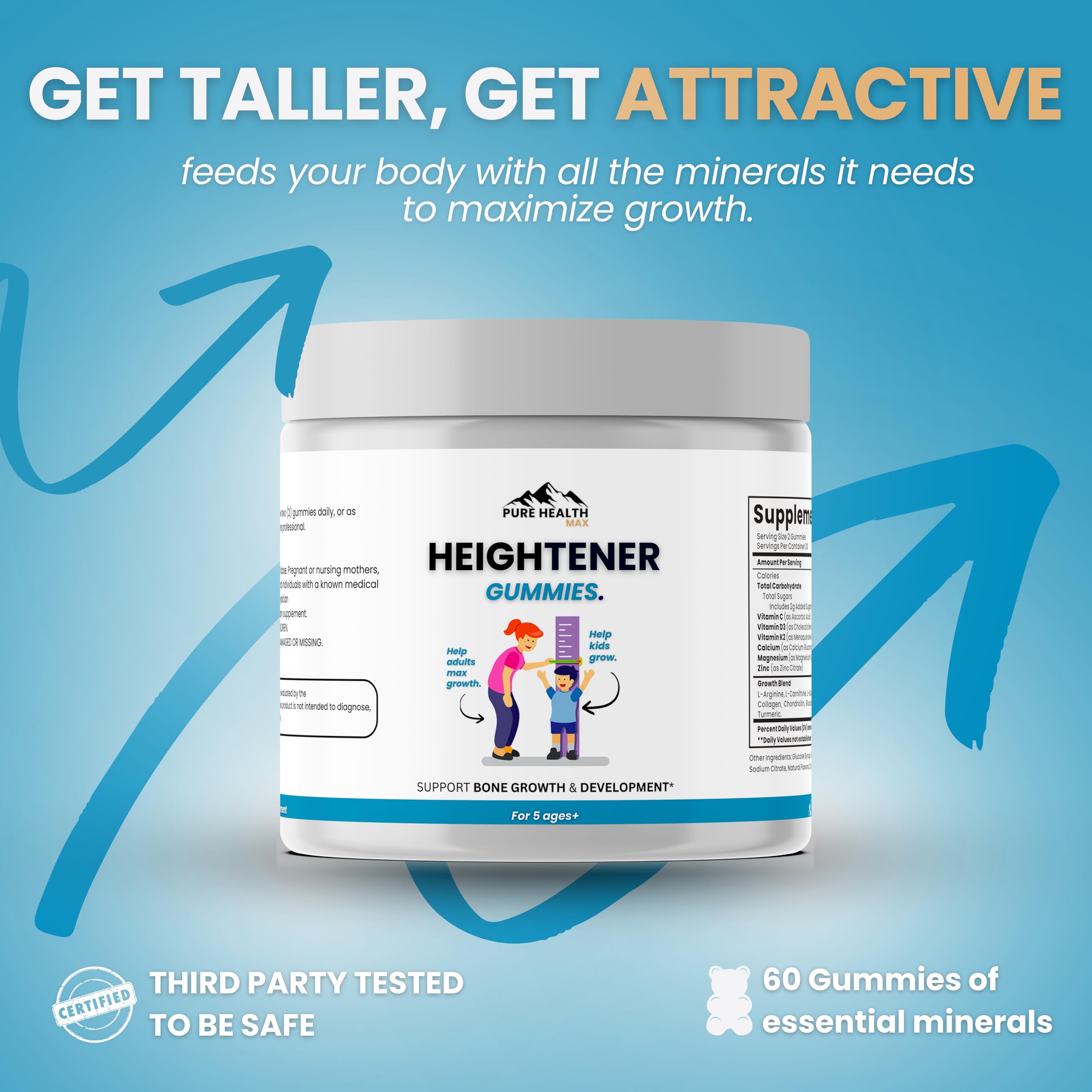 Heightener Gummies - Natural Height Growth Supplement for Kids, Teens and Adults to Increase Bone Strength and Grow Tall | Height Maximizer Pills with L-Arginine, Calcium & Zinc | 60 Gummy PURE HEALTH MAX Au supplements