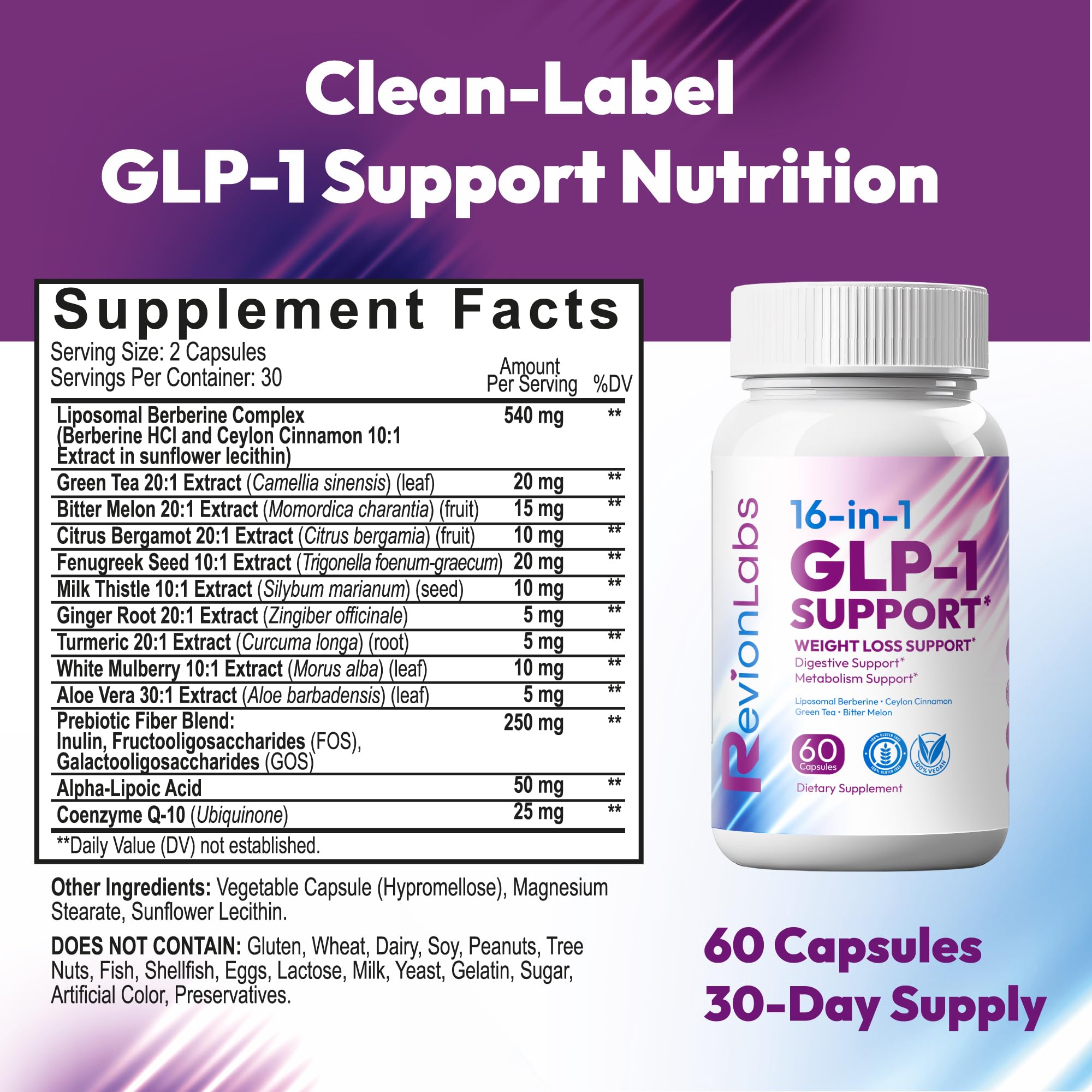 Revion LABS GLP-1 Support Weight Loss Supplement - Natural Appetite Suppressant for Women Men - Berberine Support Activate Hunger Control Curb Cravings Boost Metabolism Fat Burn & Gut Health Revion LABS Au supplements