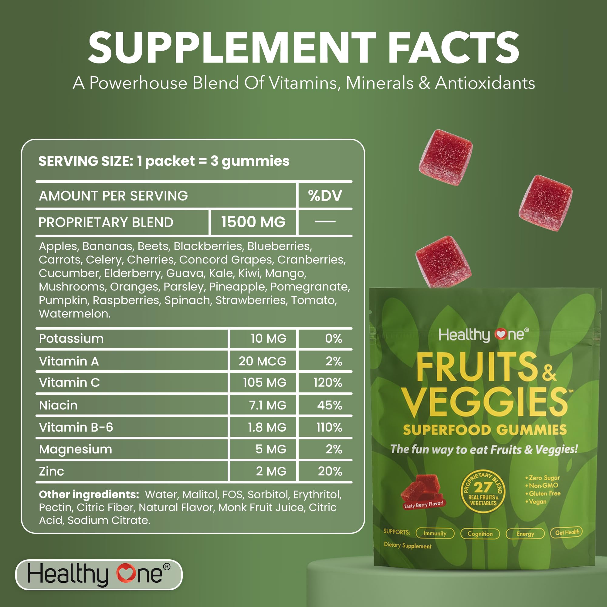 Fruits & Veggies Sugar-Free Gummies - 27 Whole Foods - Equals 3 Servings of Fruits & Vegetables - Improve Energy, Focus & Immune Function - Fiber - Antioxidants - Organic Ingredients - 28 Packets Healthy One Au supplements