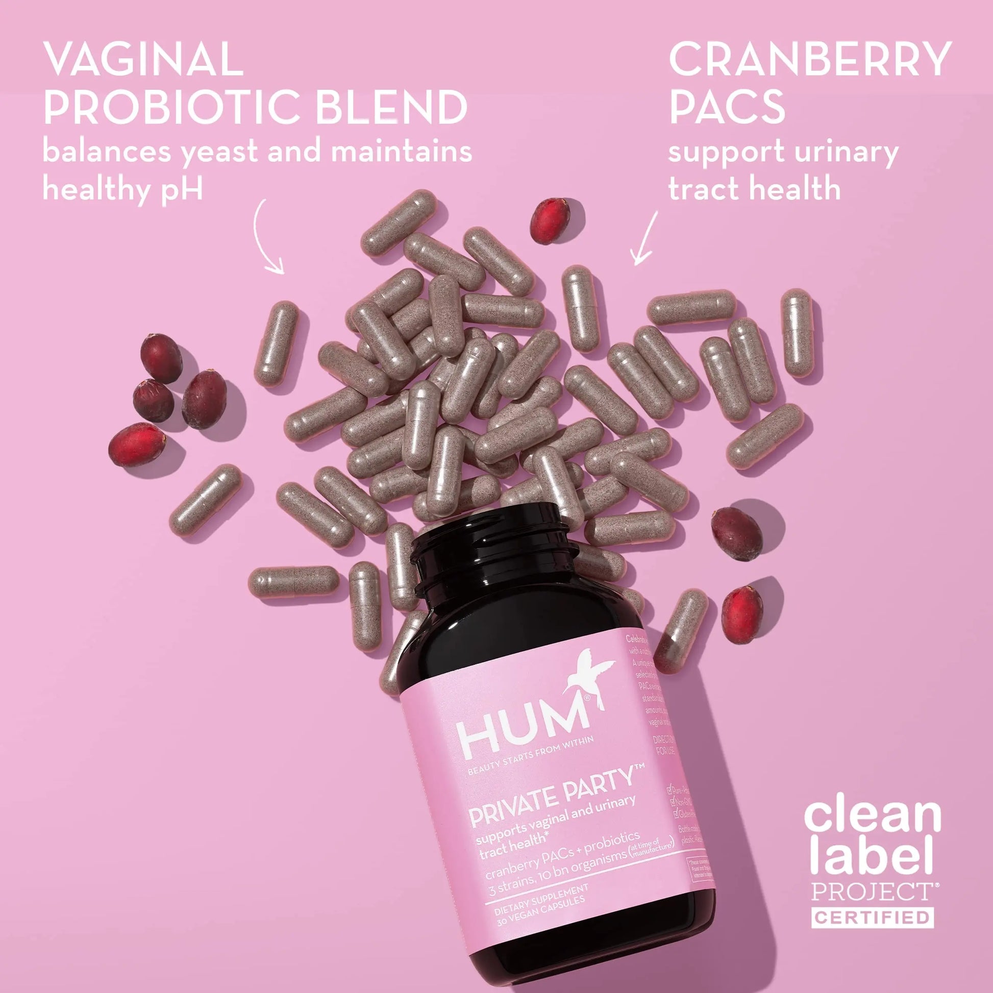 HUM Private Party Vaginal Probiotics for Women, pH Balance and Urinary Tract Support Vaginal Probiotic Supplement with Cranberry & Lactobacillus Blend, Women's Health Cranberry Pills, 90 Capsules HUM Au supplements