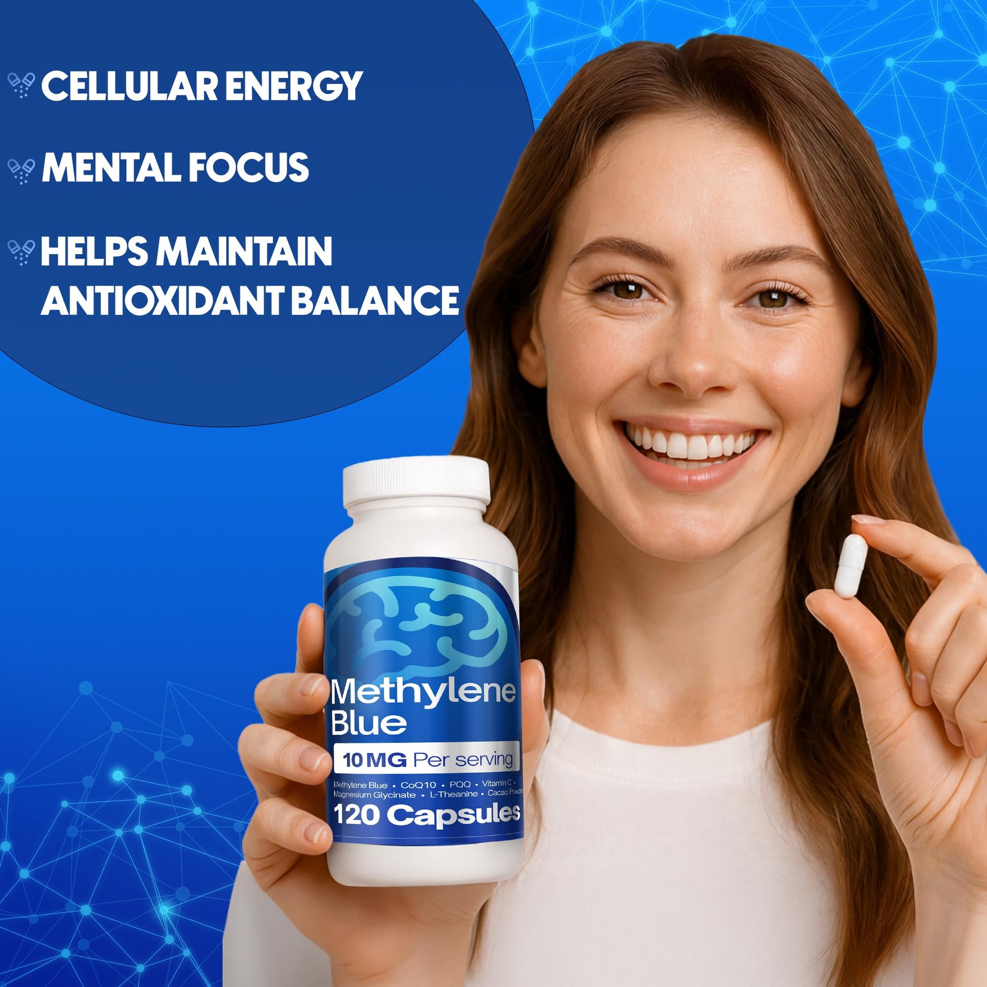 FitVitality Methylene Blue Capsules – Formulate CoQ10, PQQ, Vitamin C, L-Theanine, Cacao – 120 Vegan Capsules per Bottle – No Flavor, Easy Daily Use FitVitality Au supplements