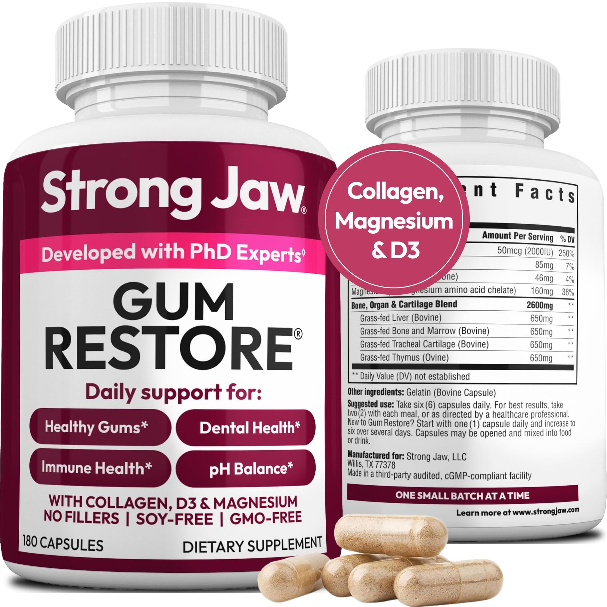 Strong Jaw Gum Restore - Gum Repair for Receding Gums | Teeth Magnesium Supplements, Oral Care, Remineralizing Dental Health Vitamins for Adults | 1 Month Supply, 180 Capsules, Made in USA Strong Jaw Au supplements