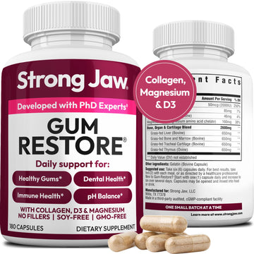 Strong Jaw Gum Restore - Gum Repair for Receding Gums | Teeth Magnesium Supplements, Oral Care, Remineralizing Dental Health Vitamins for Adults | 1 Month Supply, 180 Capsules, Made in USA Strong Jaw Au supplements