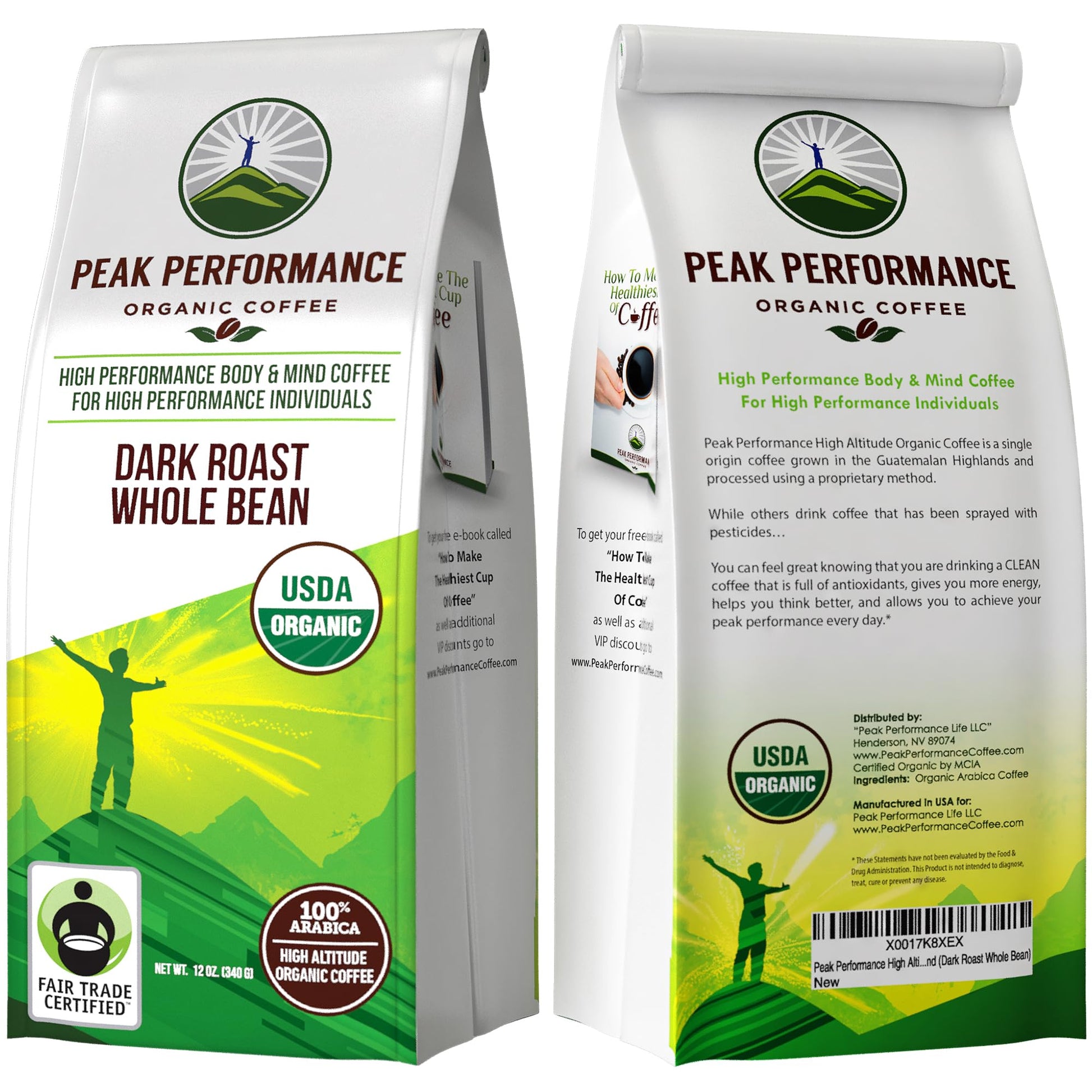Peak Performance High Altitude Organic Coffee - Fair Trade, Low Acid, Non GMO, and Beans Full of Antioxidants - Dark Roast Smooth Tasting USDA Certified Organic Whole Bean Coffee Bag 12 oz Peak Performance Au supplements