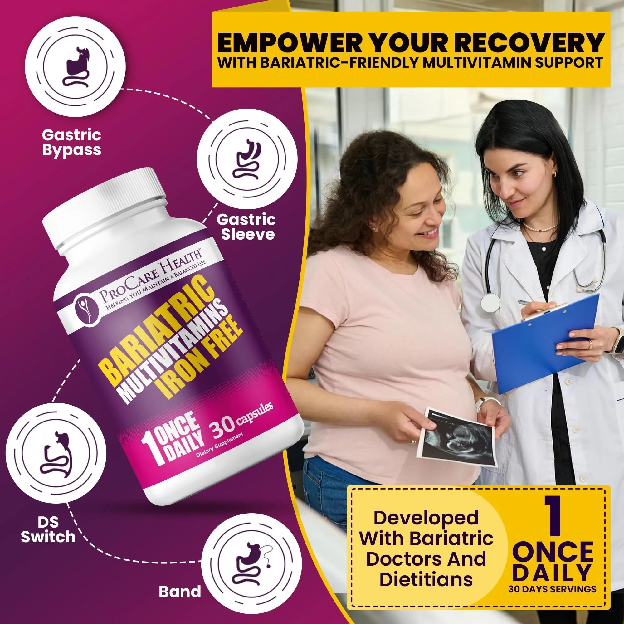 Procare Health Bariatric Multivitamin with Iron Free (30 Fast Dissolving Veggie Capsule) - Bariatric Vitamins for Gastric Sleeve & Gastric Bypass ProCare Health Au supplements