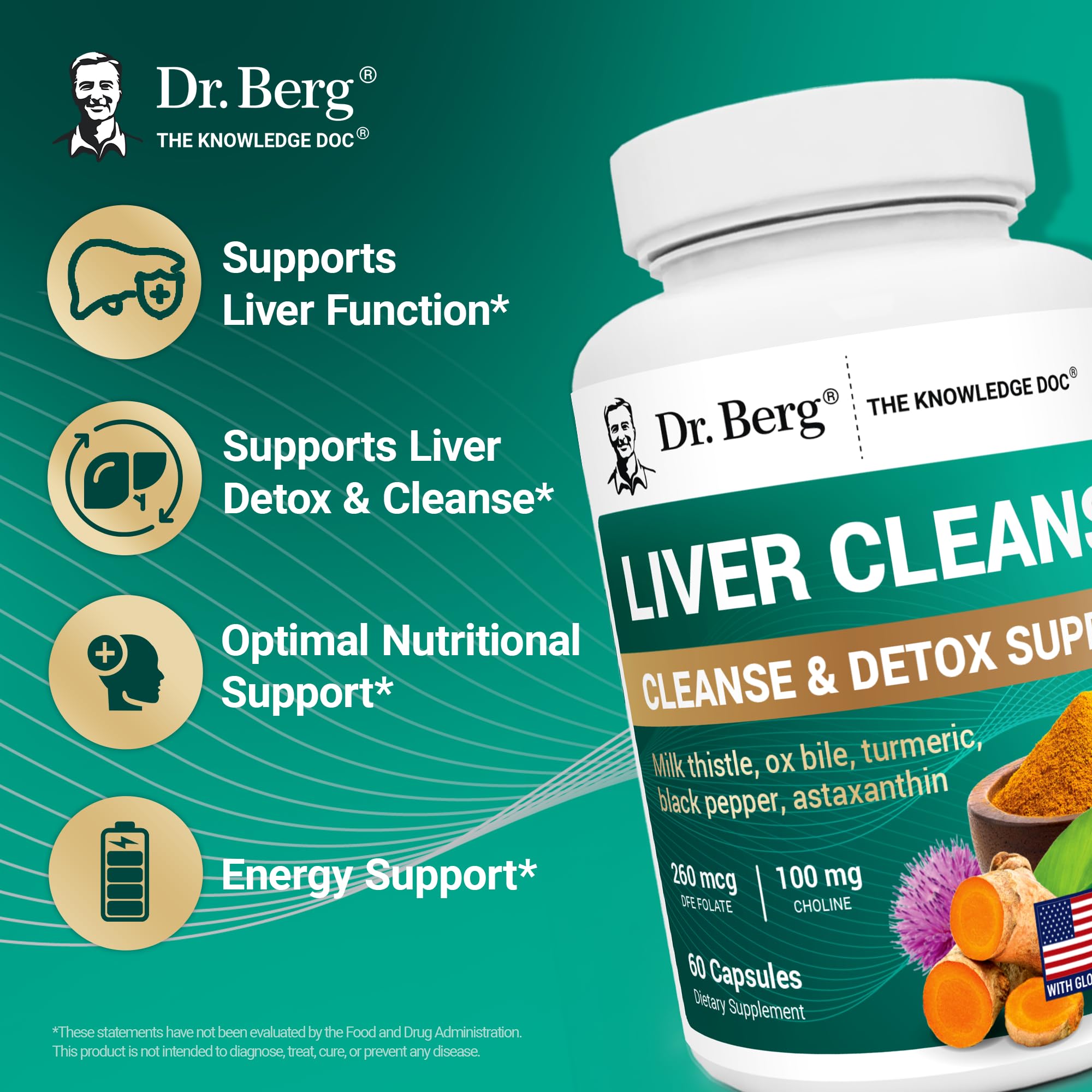 Dr. Berg Liver Cleanse Detox Capsules w/Unique Blend of Milk Thistle, Ox Bile & Folate - Liver Supplement Includes Turmeric, Black Pepper & Choline - 60 Capsules Dr. Berg Nutritionals Au supplements