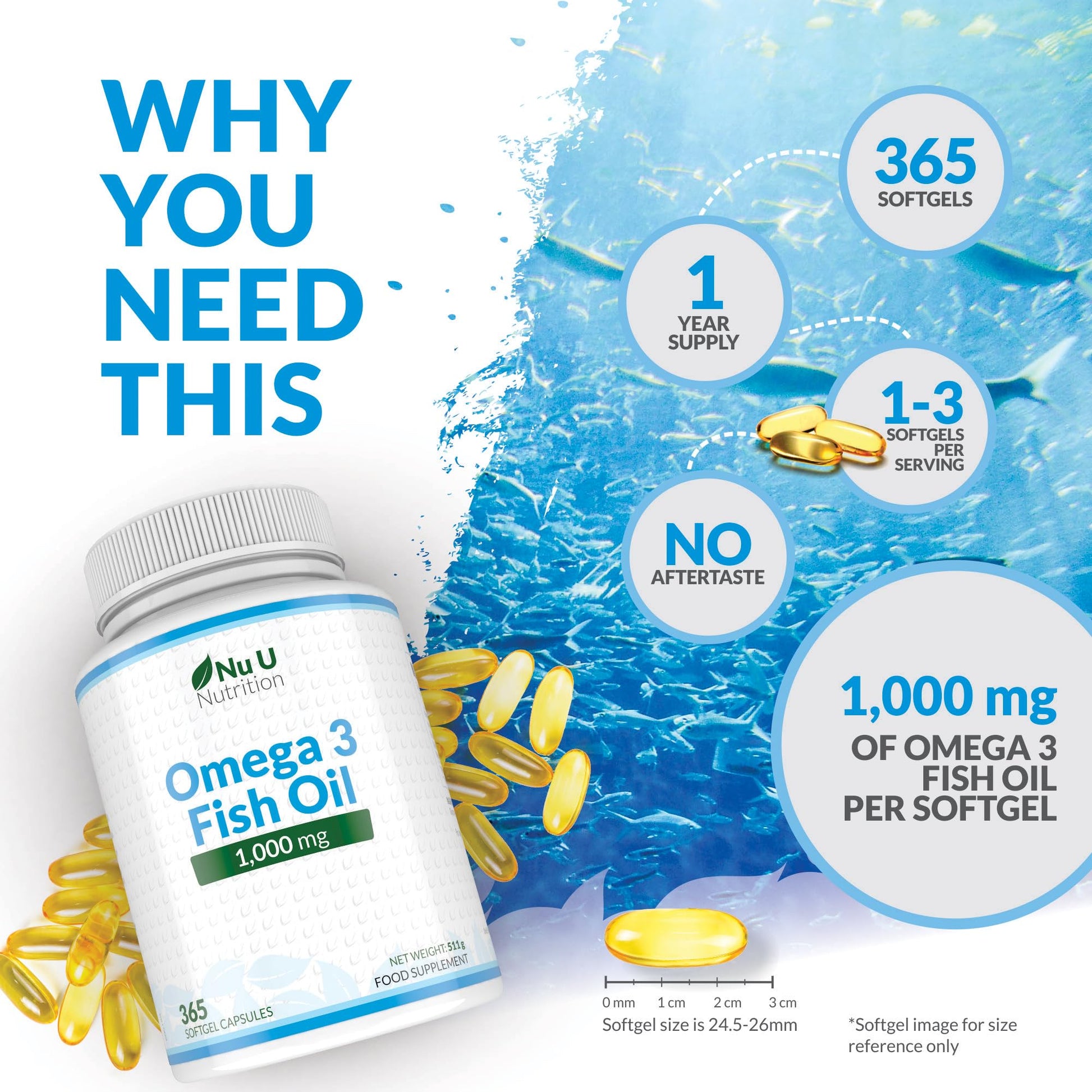 Omega 3 Fish Oil 1000mg - 365 Softgel Capsules - Up to 12 Month’s Supply - Pure Fish Oil Nu U Nutrition Au supplements