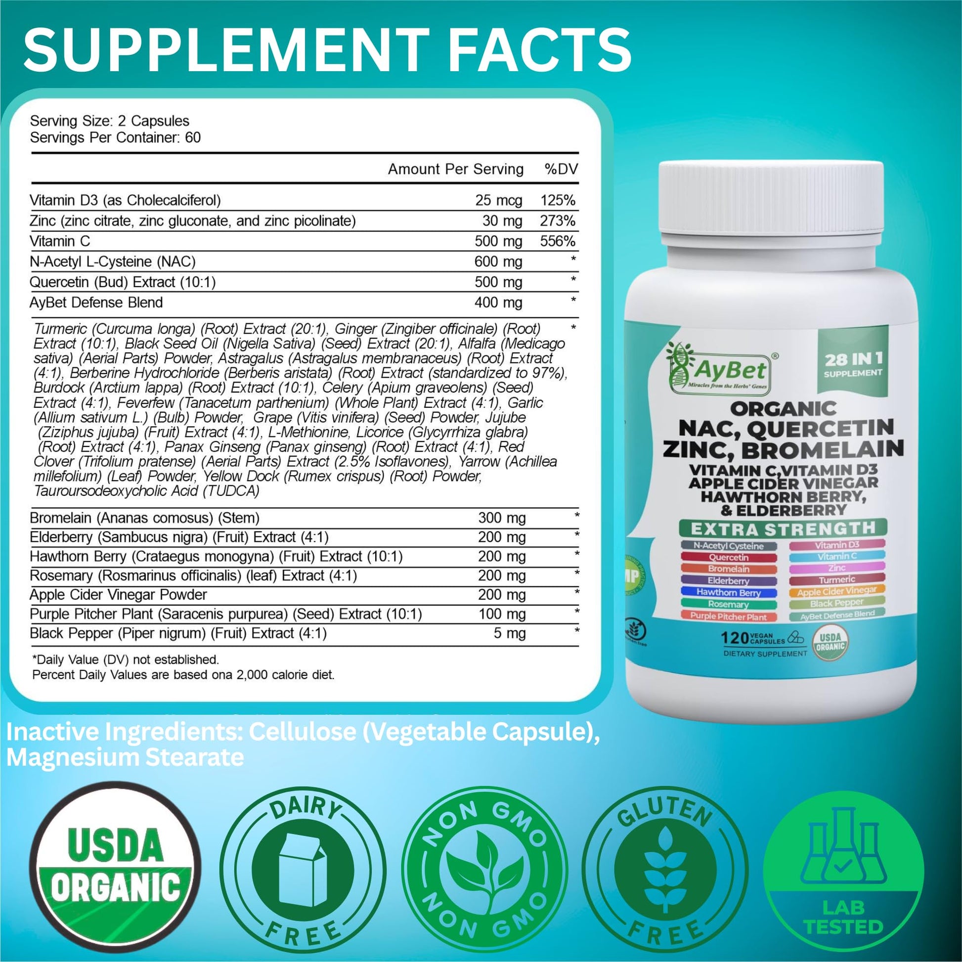 NAC-n-acetyl cysteine- Quercetin Zinc Bromelain Supplement | Extra Strength with Vit C, D3, Apple Cider Vinegar, Elderberry, Hawthorn Berry, Turmeric | Immune Support|120 Vegan Capsules | USDA Organic AyBet Au supplements