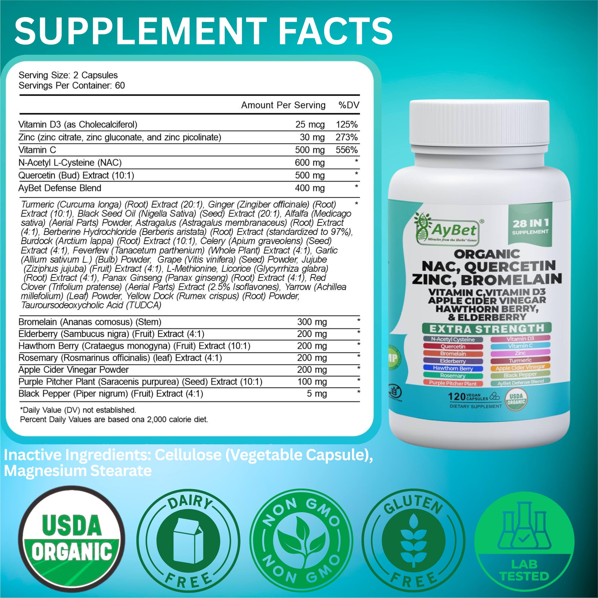 NAC-n-acetyl cysteine- Quercetin Zinc Bromelain Supplement | Extra Strength with Vit C, D3, Apple Cider Vinegar, Elderberry, Hawthorn Berry, Turmeric | Immune Support|120 Vegan Capsules | USDA Organic AyBet Au supplements