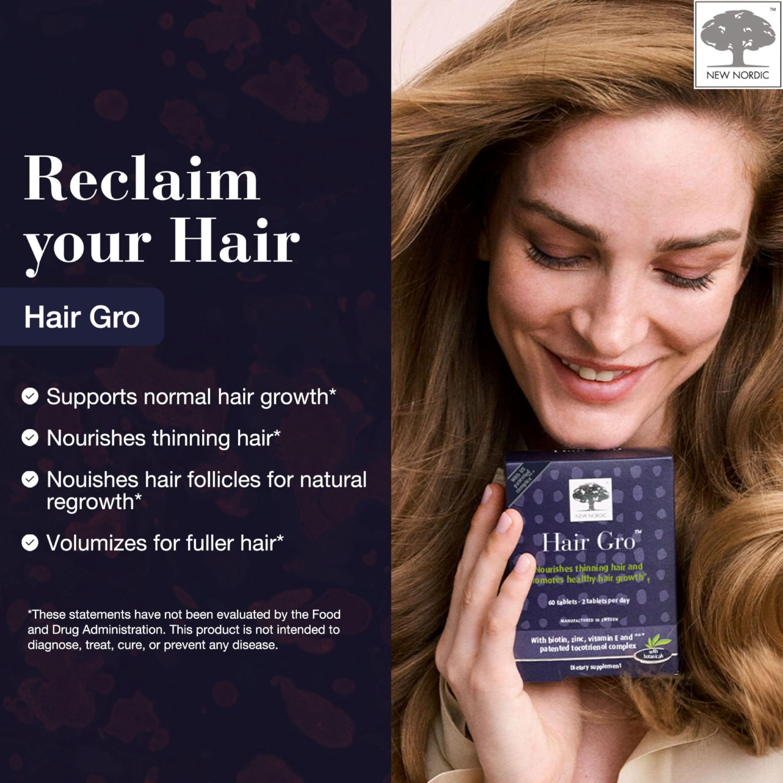 NEW NORDIC Hair GRO, Hair Growth Supplement, Biotin & Palm Fruit Extract Tocotrienols for Natural Regrowth, 60 Count (Pack of 3) NEW NORDIC Au supplements