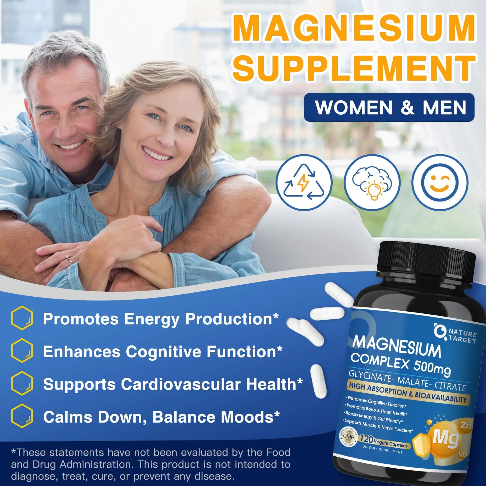 Magnesium Complex 500mg, Magnesium Glycinate, Malate & Citrate - High Absorption Chelated Triple Magnesium Supplement with Zinc, Vitamin D3 for Muscle, Nerve, Bone & Immune Support, Vegan 120 Capsules NATURE TARGET Au supplements