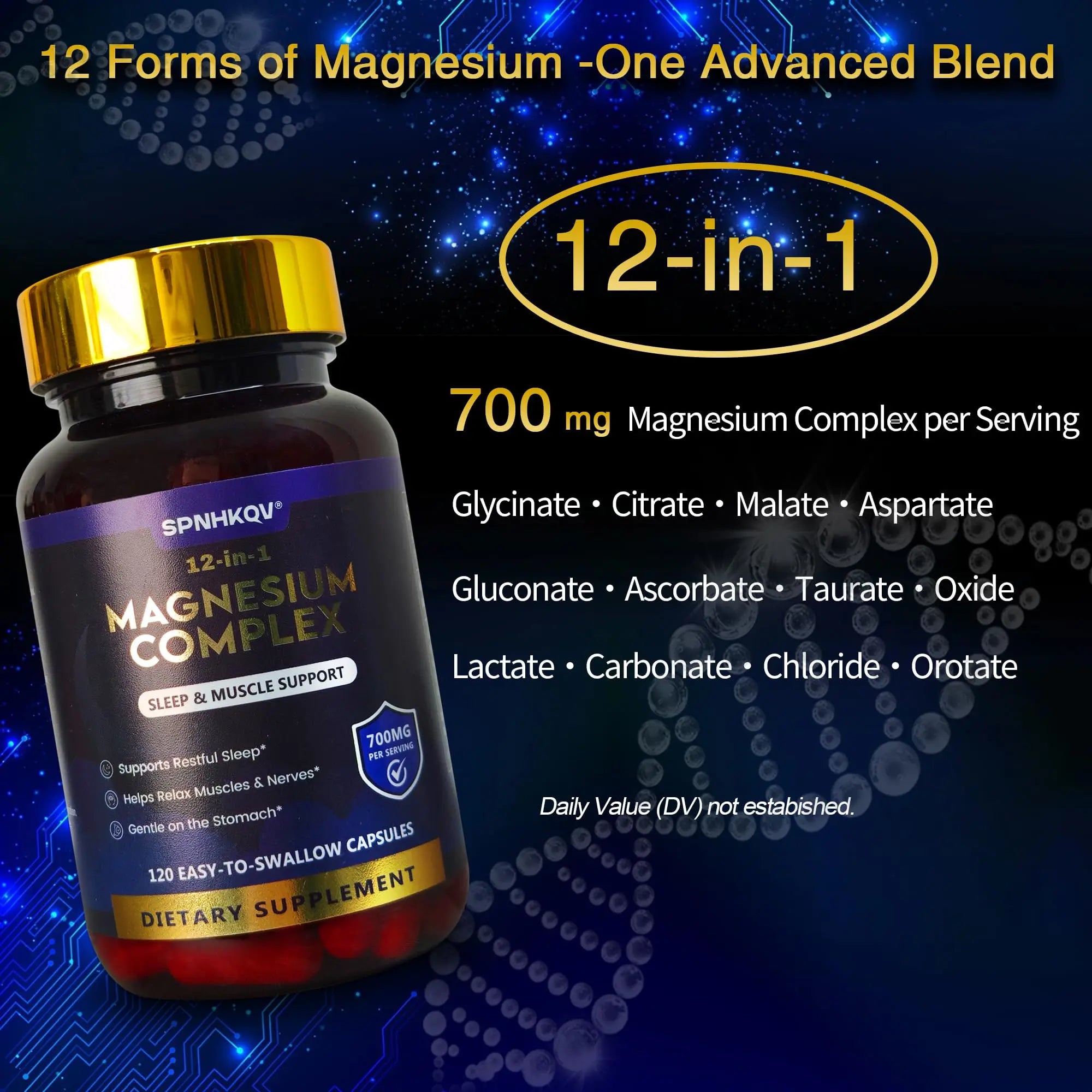 SPNHKQV Magnesium 12-in-1 Complex Supplement – 700mg High Absorption Magnesium Glycinate Capsules for Women & Men – Muscle, Nerve & Sleep Support – 120 Vegan Capsules SPNHKOV Au supplements