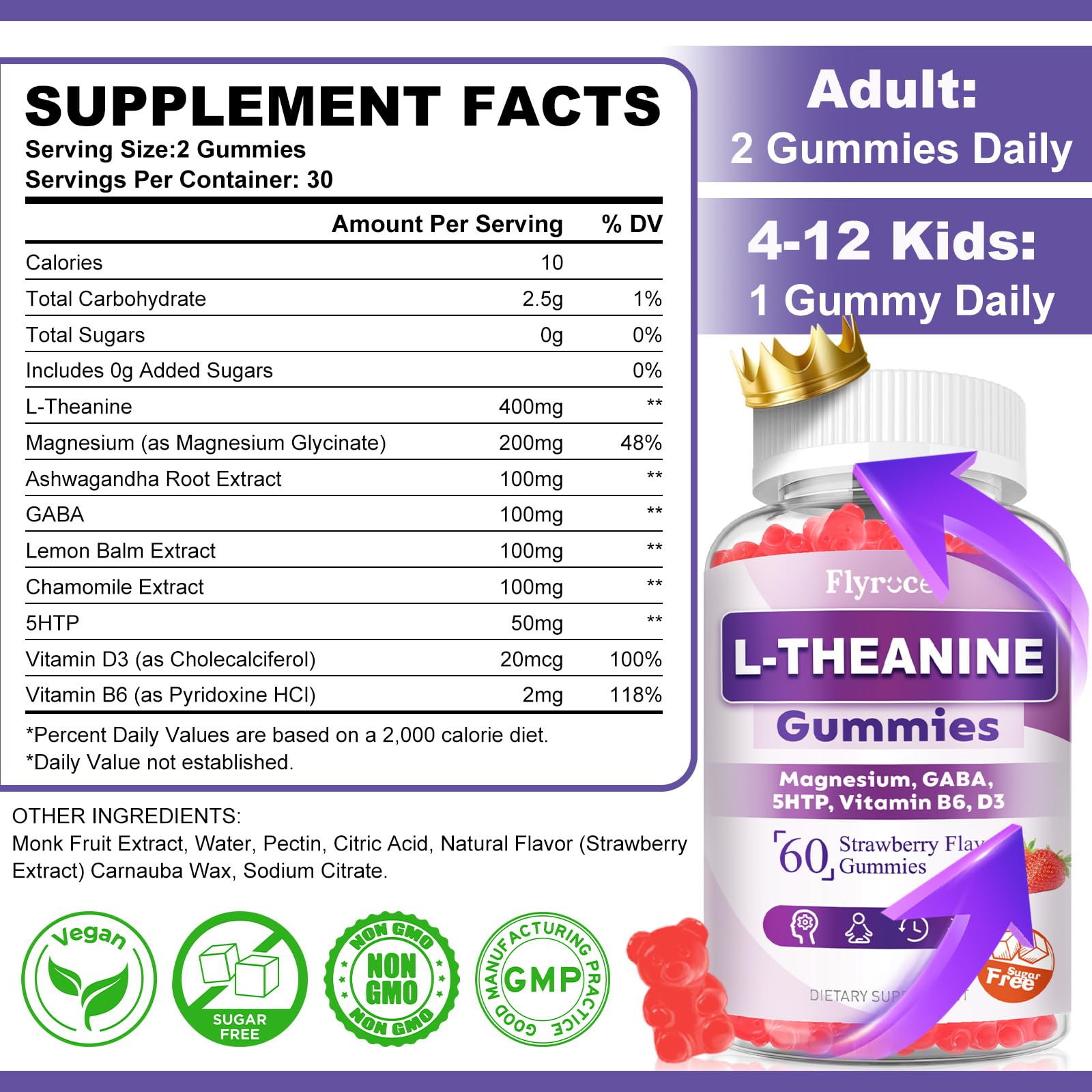 Flyrocer 2 Pack L-Theanine Gummies, L Theanine Supplement for Adults & Kids, L'Theanine with Ashwagandha, Magnesium, 5HTP & GABA - Support Calm, Relax, zzZ, Focus, Vegan Strawberry Flavor, 120 Count Flyrocer Au supplements