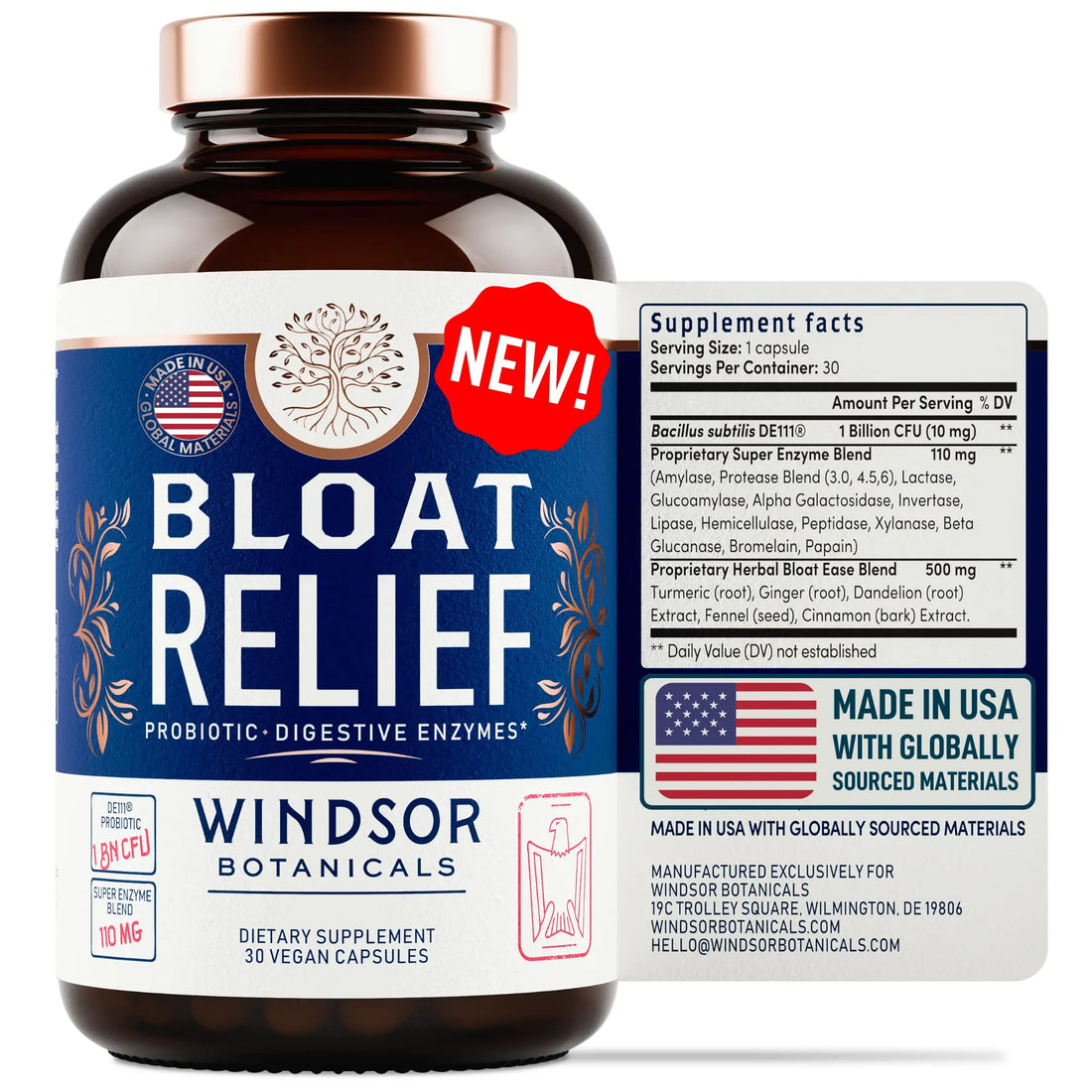 Bloat Relief Probiotic and Digestive Enzymes - Anti Bloating Turmeric, Fennel, Bromelain IBS WINDSOR BOTANICALS uk supplements