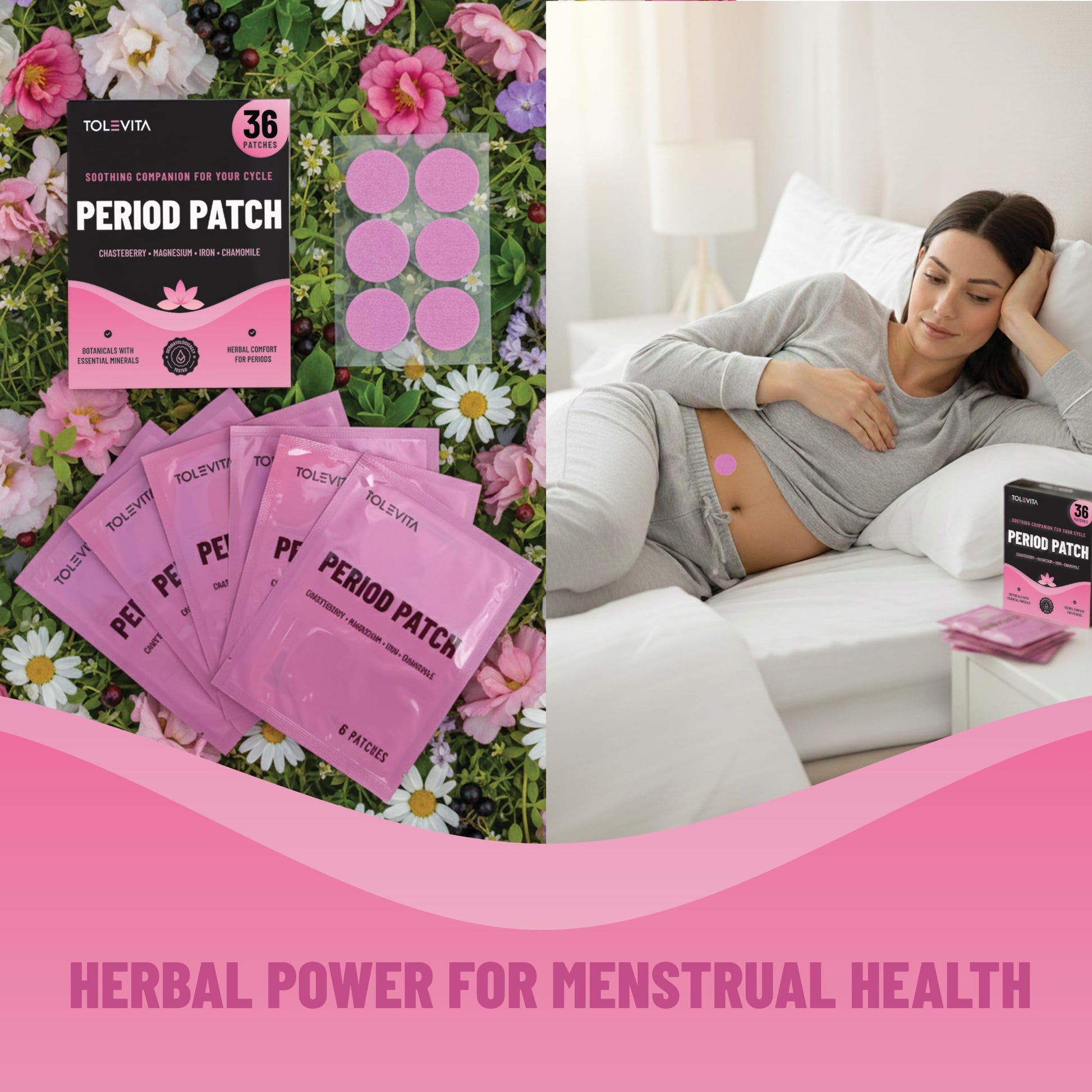 TOLEVITA Period Relief Patches 36 Pcs – Herbal Cramp Support with Chasteberry, Magnesium, Evening Primrose, Dong Quai, Curcumin, Vitamins B6 & E, Iron, Chamomile – Hormonal Balance & Menstrual Comfort TOLEVITA Au supplements