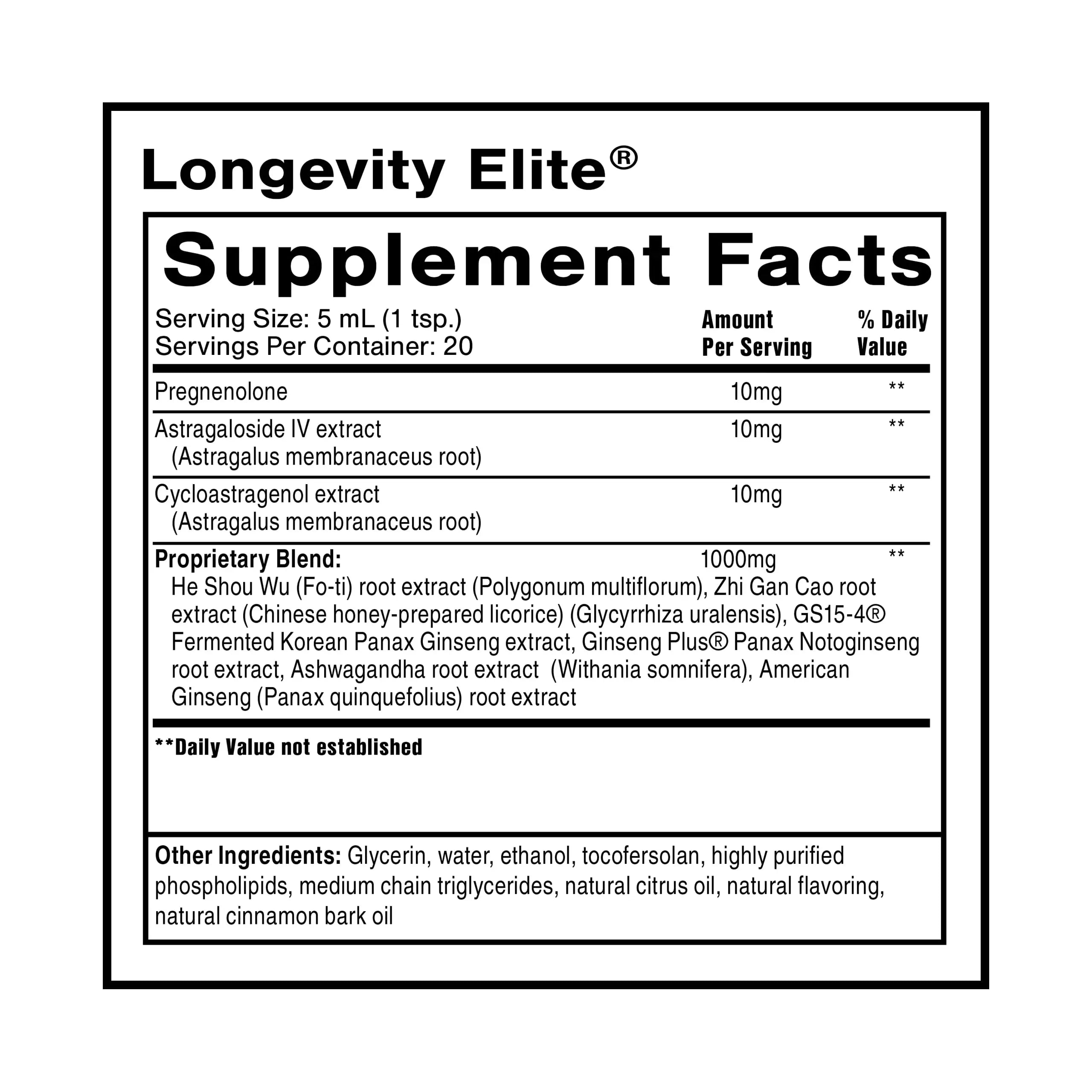 Quicksilver Scientific Longevity Elite - Liposomal Adaptogen + Pregnenolone Tonic - Herbal Supplements Designed for Age Optimization Support While Targeting AMPK, Sirtuins + Telomeres (100ml) Quicksilver Scientific Au supplements
