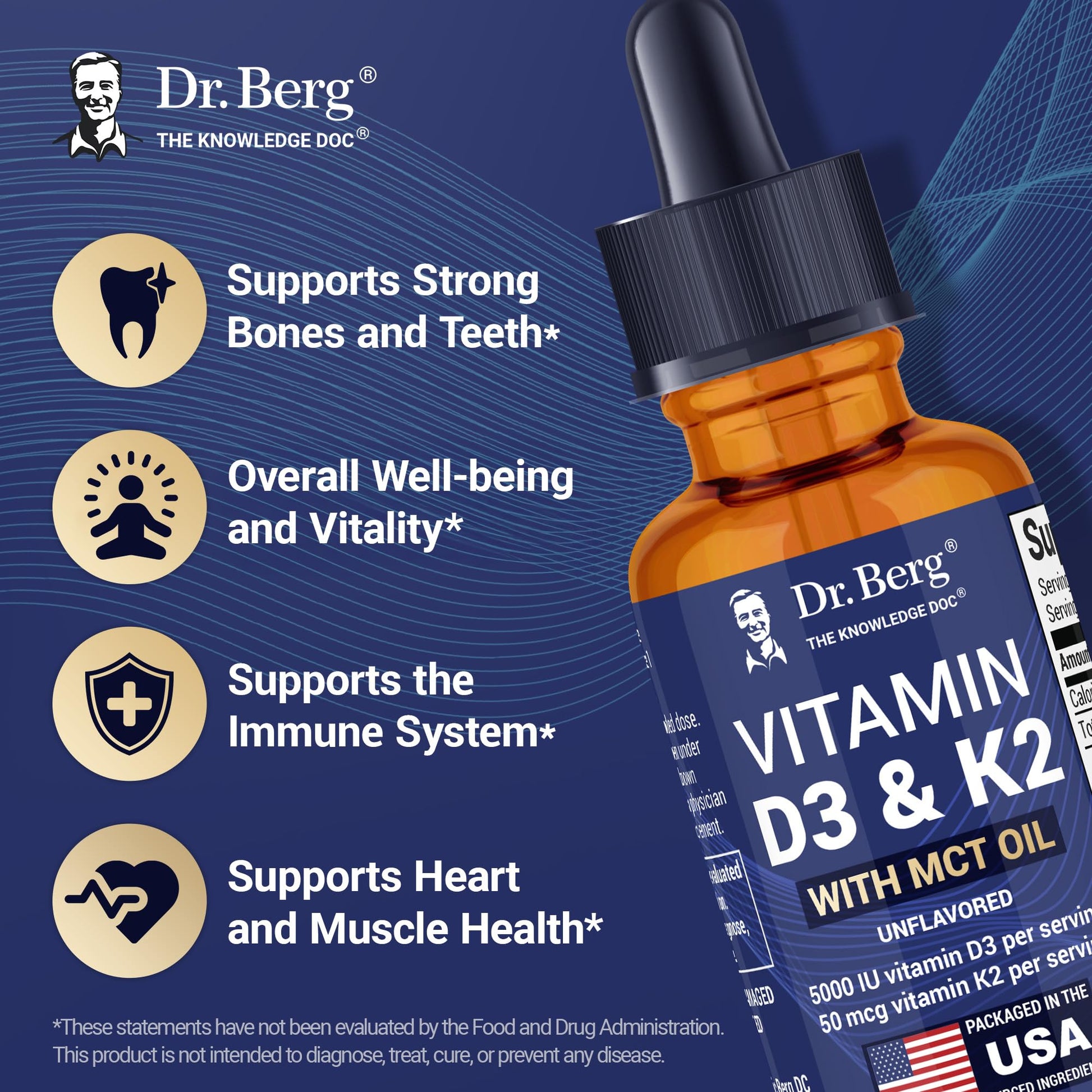 Dr. Berg Maximum Strength Vitamin D3 K2 Liquid Drops with MCT Oil – 5,000 IU Liquid Vitamin D3 with K2 – Supports Strong Bones, Heart, Energy, Immunity, and Overall Vitality* - Unflavored 1 Fl Oz Dr. Berg Nutritionals Au supplements