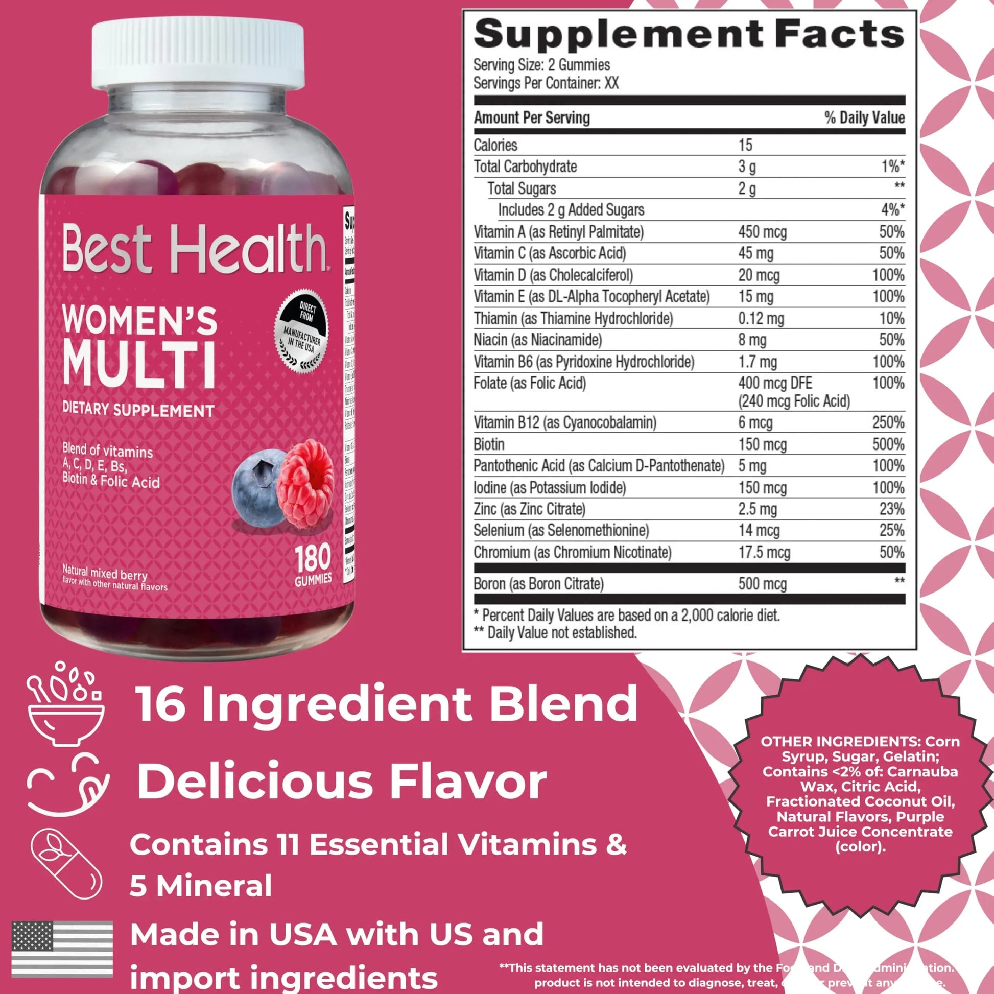 Best Health Women’s Multivitamin Gummies, Multivitamin for Women with Biotin, Folic Acid, Vitamins A,C,D,E,Natural Mixed Berry Flavor (180ct) Best Health Au supplements