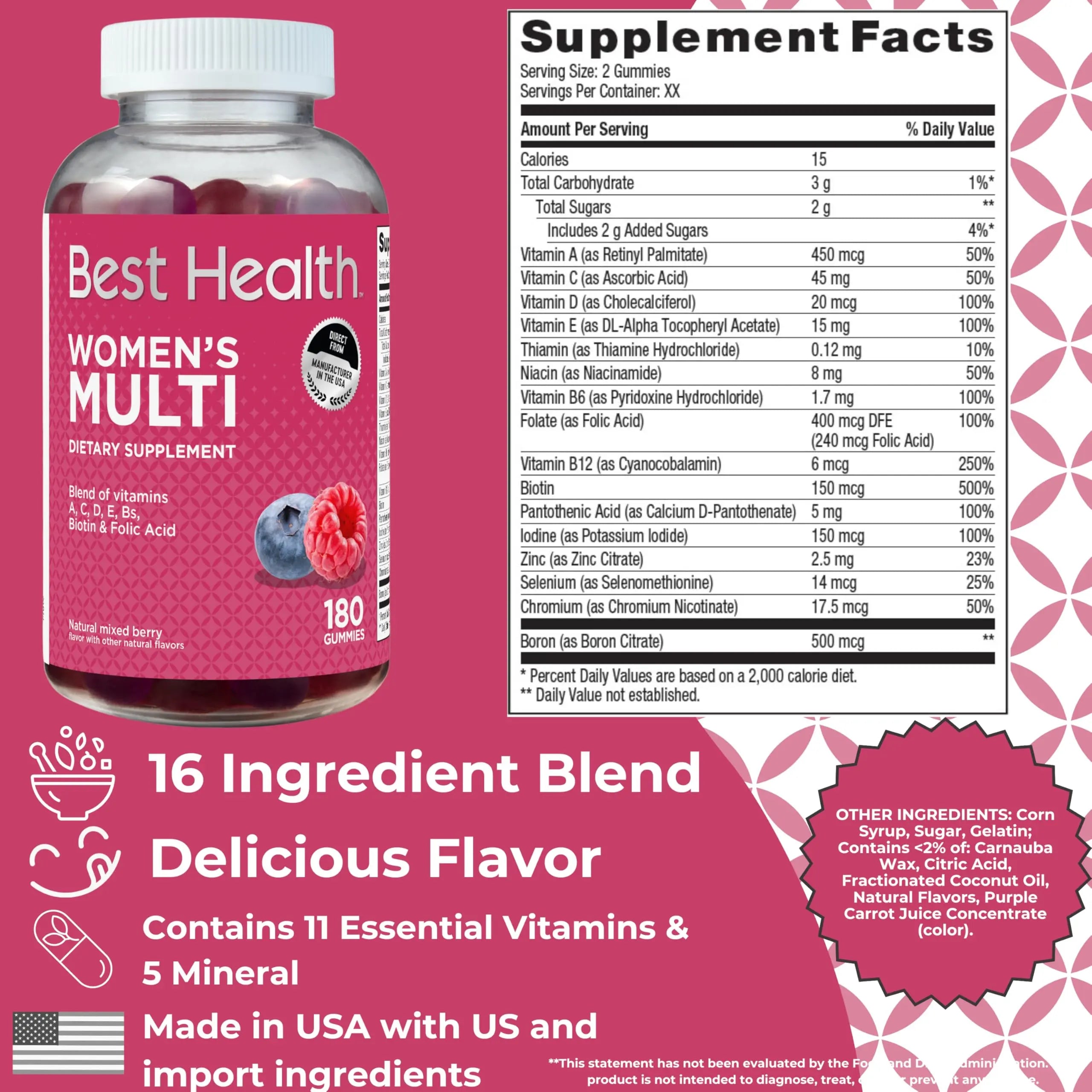 Best Health Women’s Multivitamin Gummies, Multivitamin for Women with Biotin, Folic Acid, Vitamins A,C,D,E,Natural Mixed Berry Flavor (180ct) Best Health Au supplements