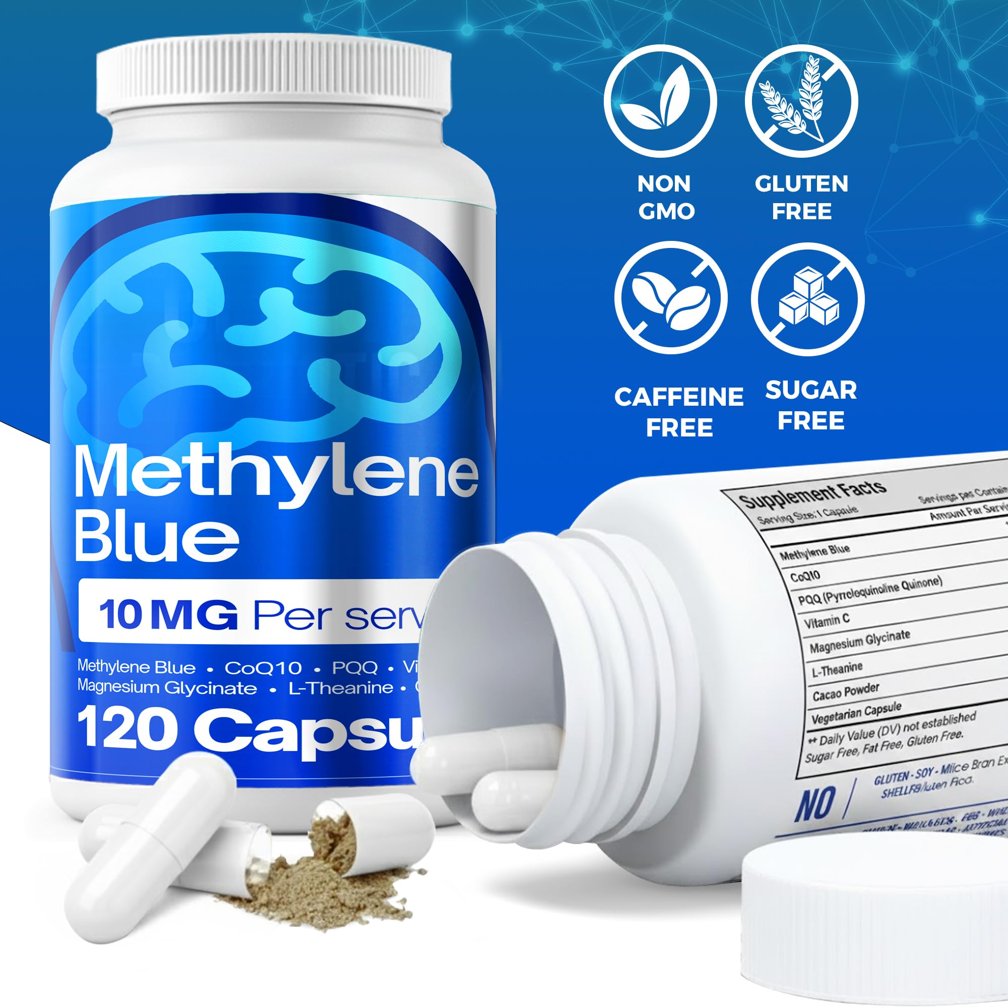 FitVitality Methylene Blue Capsules – Formulate CoQ10, PQQ, Vitamin C, L-Theanine, Cacao – 120 Vegan Capsules per Bottle – No Flavor, Easy Daily Use FitVitality Au supplements