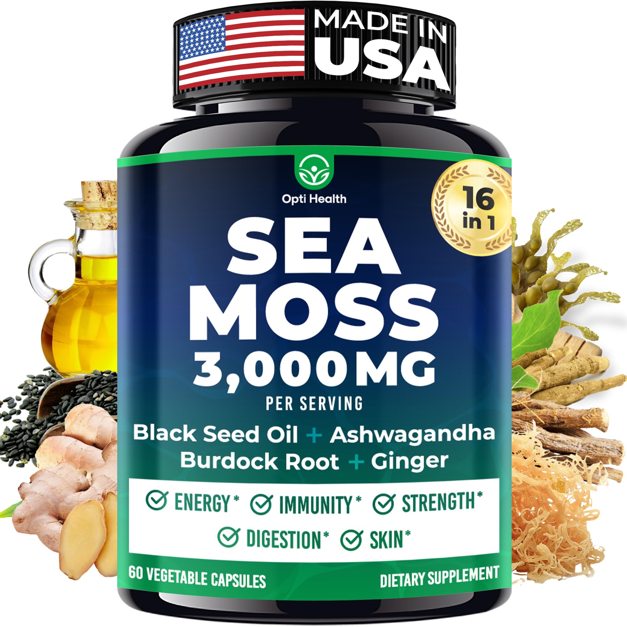 Sea Moss Black Seed Oil Ashwagandha Ginger - Advanced Irish Sea Moss Capsules All in One Supplement with Seamoss Black Seed Oil Ashwagandha Burdock Root Bladderwrack - Pills for Energy, Immune, Gut Opti Health Au supplements