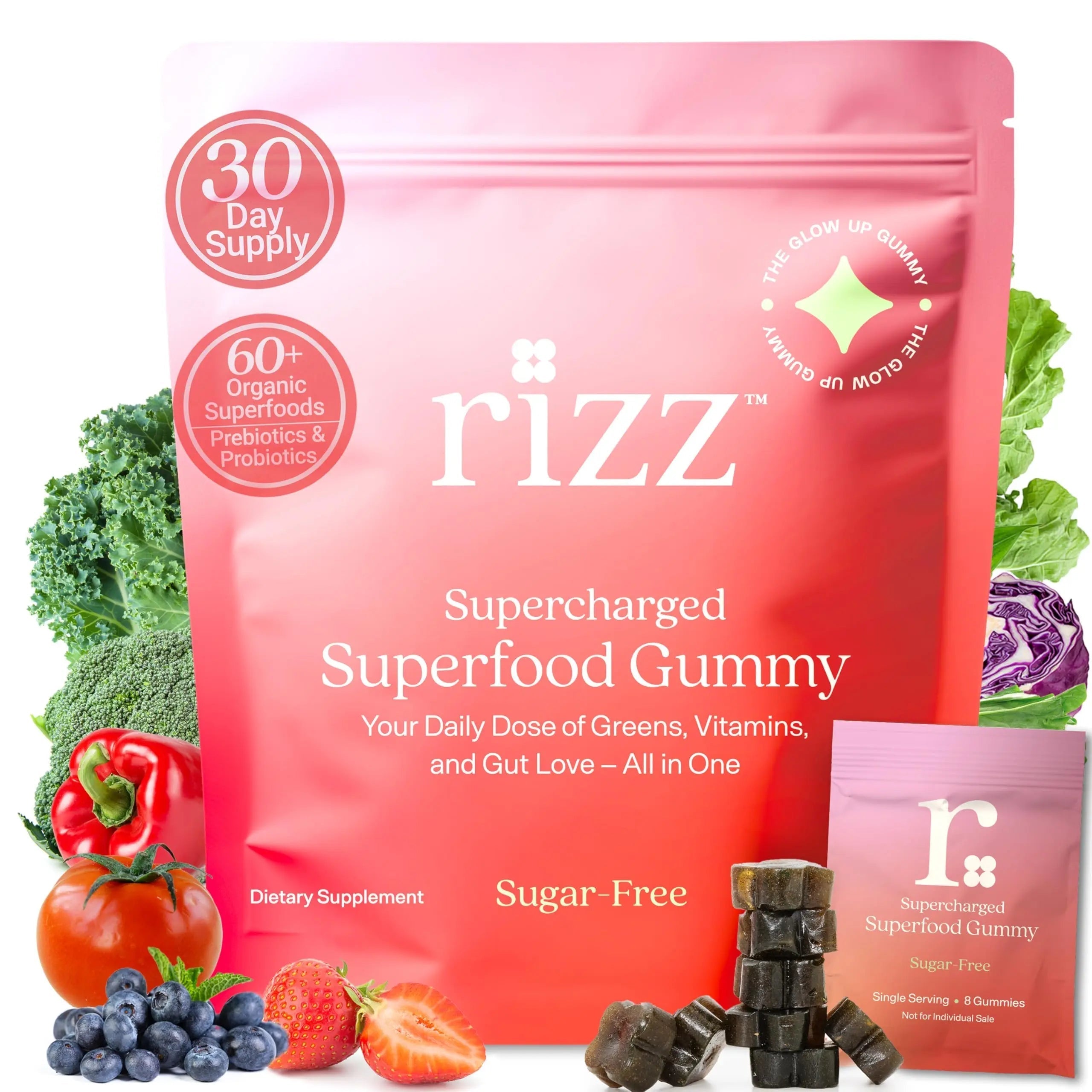 Rizz Sugar-Free Green Gummies - 60+ Superfoods 6g Fiber - Prebiotic and Probiotic Gummies - Vegan Multivitamins for Women & Men Rizz Au supplements