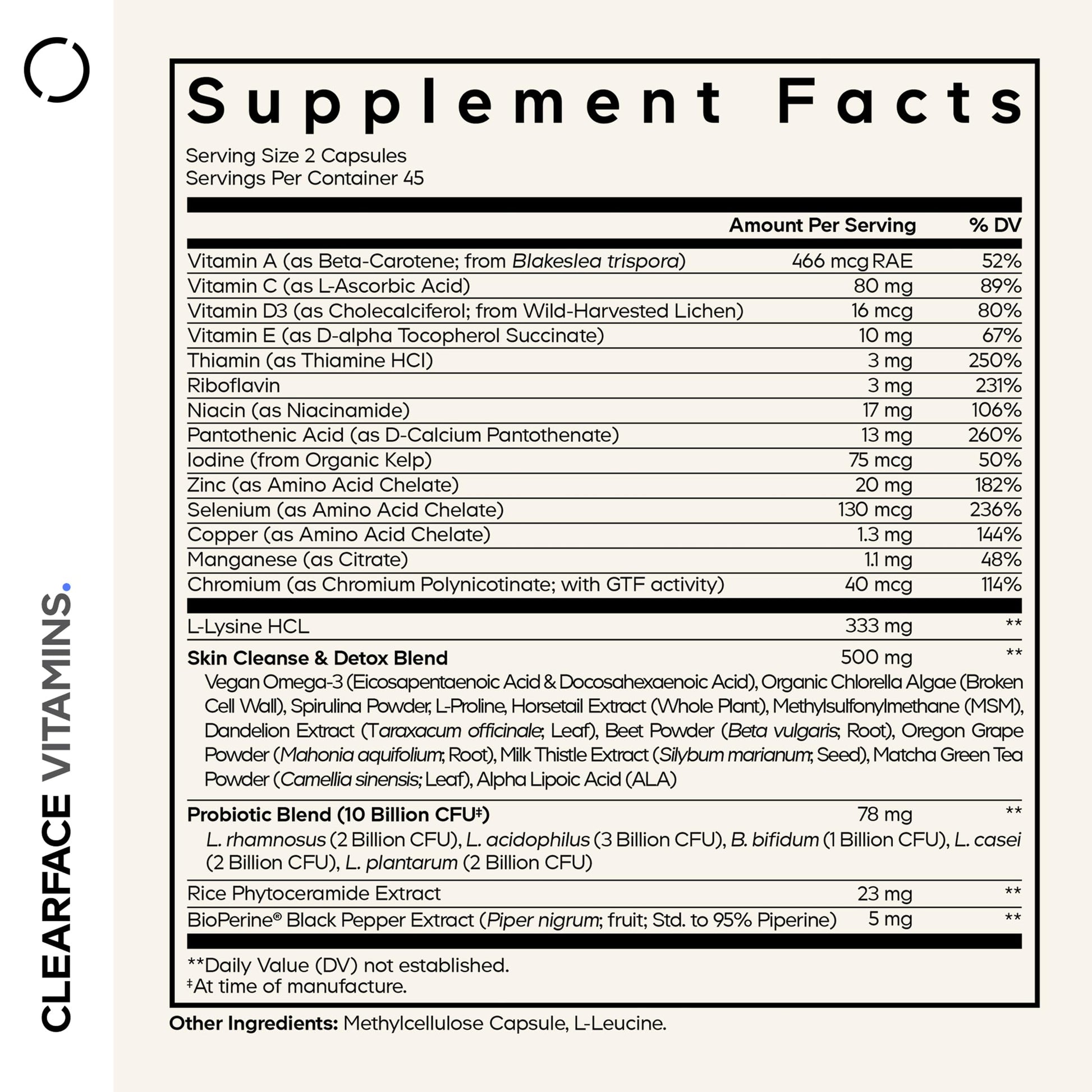 Codeage Clearface Pantothenic Acid, Niacin Supplement, Vitamins A, C, D3, E, Probiotics, Zinc, Riboflavin, Thiamin, L-Lysine HCL & Omega-3, Niacinamide, Skin Botanical Blend - Non-GMO - 90 Capsules Codeage Au supplements