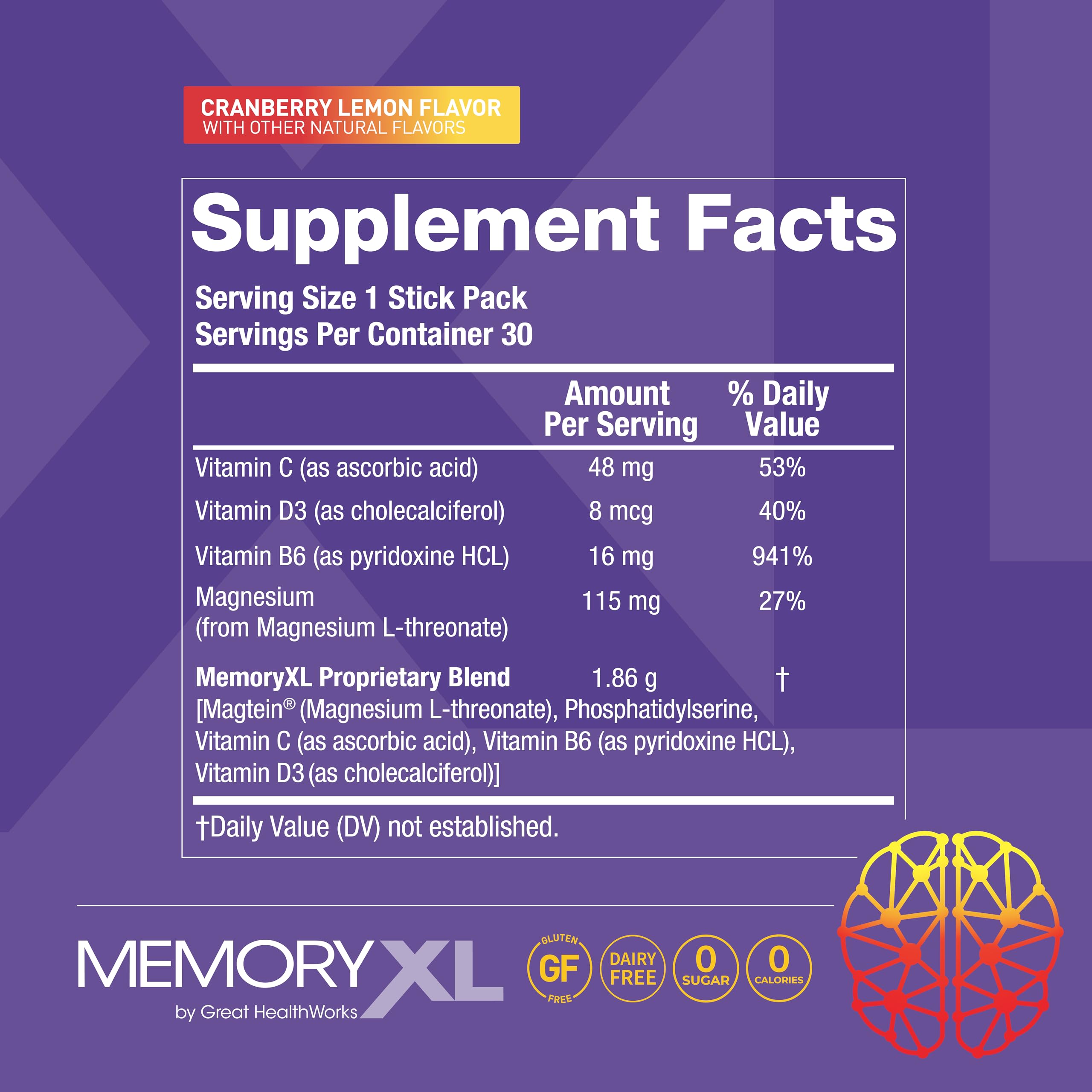 MemoryXL, Magnesium L-Threonate: Brain Supplement for Memory & Focus; Magtein®, Phosphatidylserine, Vitamin Mix. Improves Memory Focus Attention Learning & Logic. 0 Sugar, 0 cal, 30pk Cranberry Lemon OmegaXL Au supplements