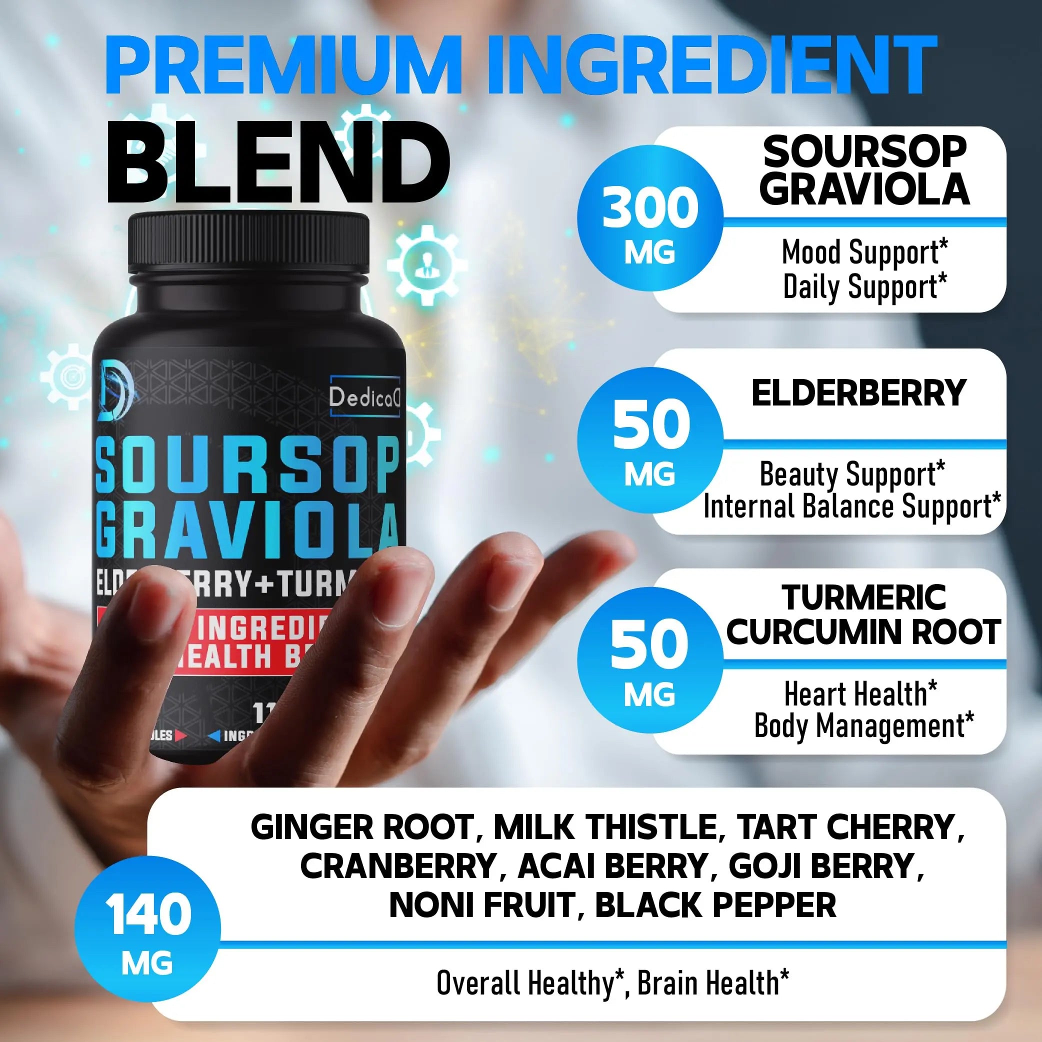 DEDICAD 11in1 Graviola Soursop Capsules for 5 Months Supply with Soursop Fruit, Elderberry, Turmeric, Ginger, Milk Thistle, Cranberry & More - Mood - 150 Vegan Capsules DEDICAD Au supplements