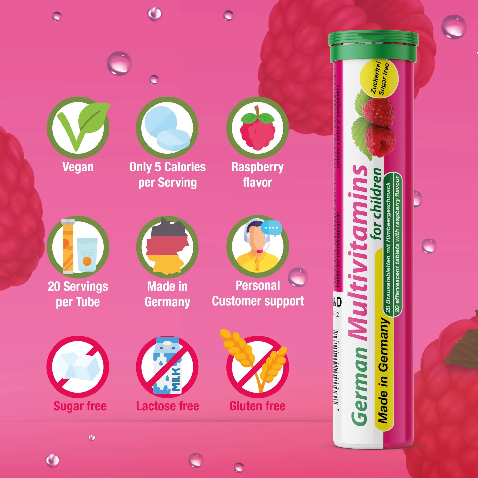 T&D German Multivitamin for Children 60 Drink Effervescent Tablets - Sweet Raspberry Flavour, Sugar Free, Vegan - Vitamin C, E, B1, B2, B6, B12 T&D Au supplements