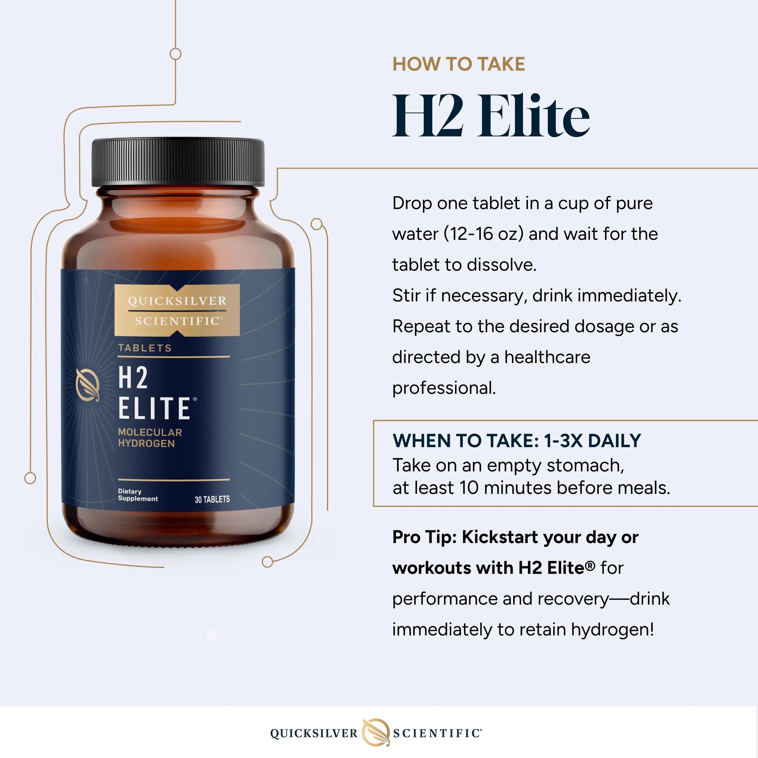 Quicksilver Scientific H2 Elite - Molecular Hydrogen for Energy + Metabolism Support, Water Tablets Perfect for Open Containers - Magnesium Malate Drink Additive (30 Molecular Hydrogen Tablets) Quicksilver Scientific Au supplements