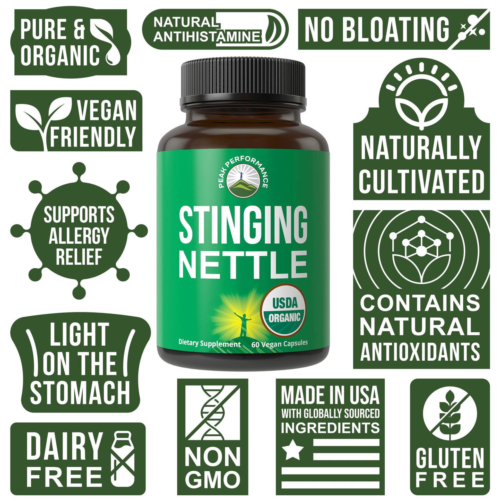 USDA Organic Stinging Nettle Vegan Capsules Made with Stinging Nettle Leaf Powder for Prostate, Hair Growth, Allergy. Better Than Root or Seed Extract. Plant Based Herb Supplement Tablets, 60 Pills Peak Performance Au supplements