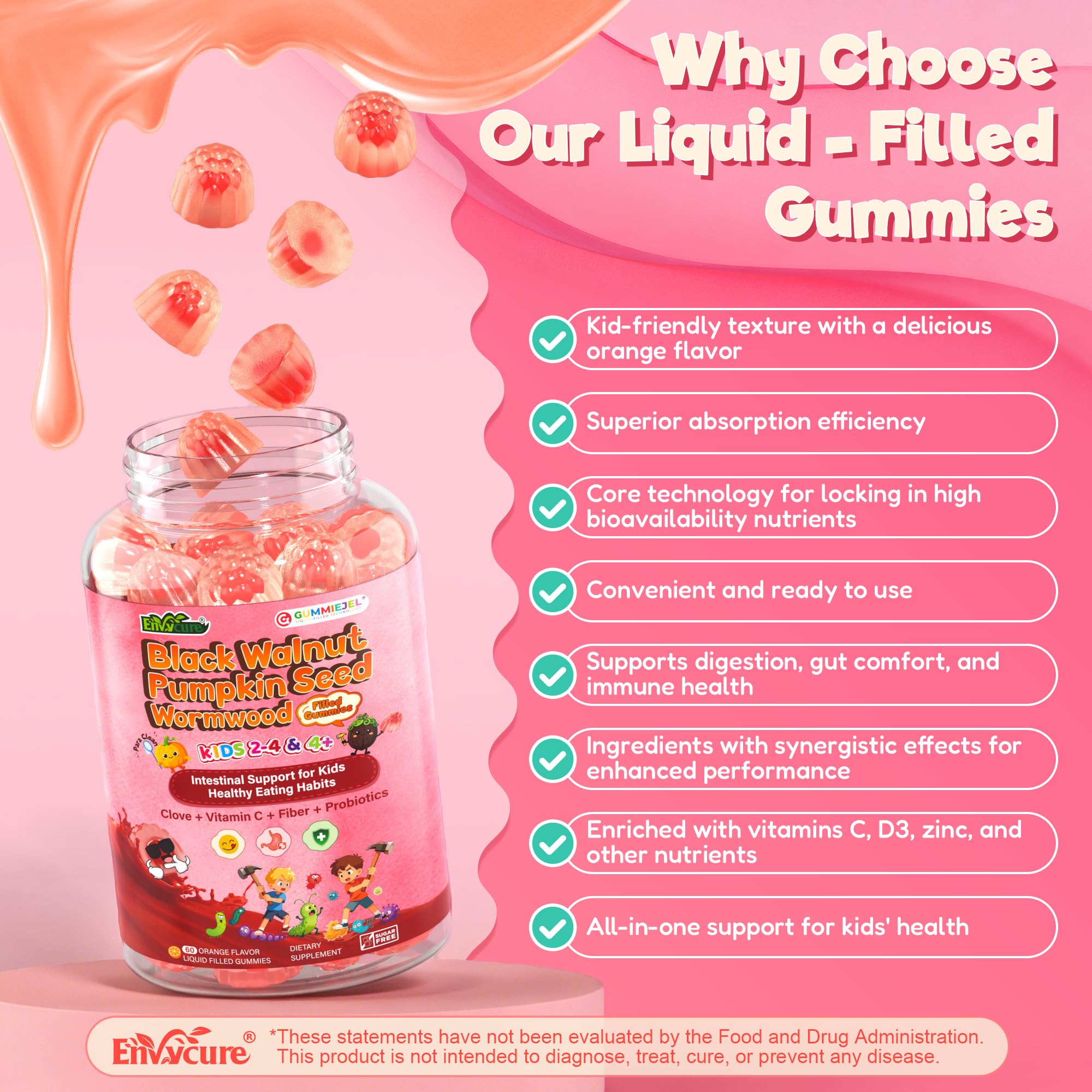 Toddler 2-4 & Kids 4+ Para Clean Gut Health Gummies w/Black Walnut, Wormwood, Clove, Pumpkin Seeds, Vitamin C, D3, Zinc, Digestive Supplement for Natural Gut Cleanse, Kids Immune Support (60cts) EnvyCure Au supplements