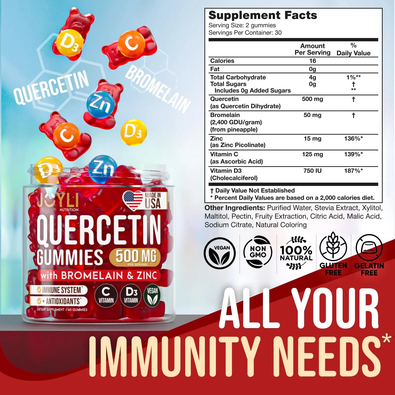JOYLI Quercetin Gummies - Quercetin with Bromelain Zinc Vitamin C & Vitamin D3 - Quercetin Supplement 500MG for Immune System & Allergy - Quercetin for Kids and Adults - 60 Quercetin Chewable JOYLI Nutrition Au supplements