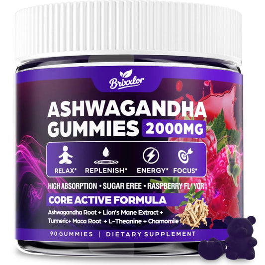 Ashwagandha Gummies - 2000MG Organic Ashwagandha & Lions Mane Gummies for Adults with Vitamin D3 B12, L-Theanine, Cortisol Supplements for Women & Men, Sugar-Free, Vegan, Berry Flavor - 90 Counts BrixxlorAU supplements