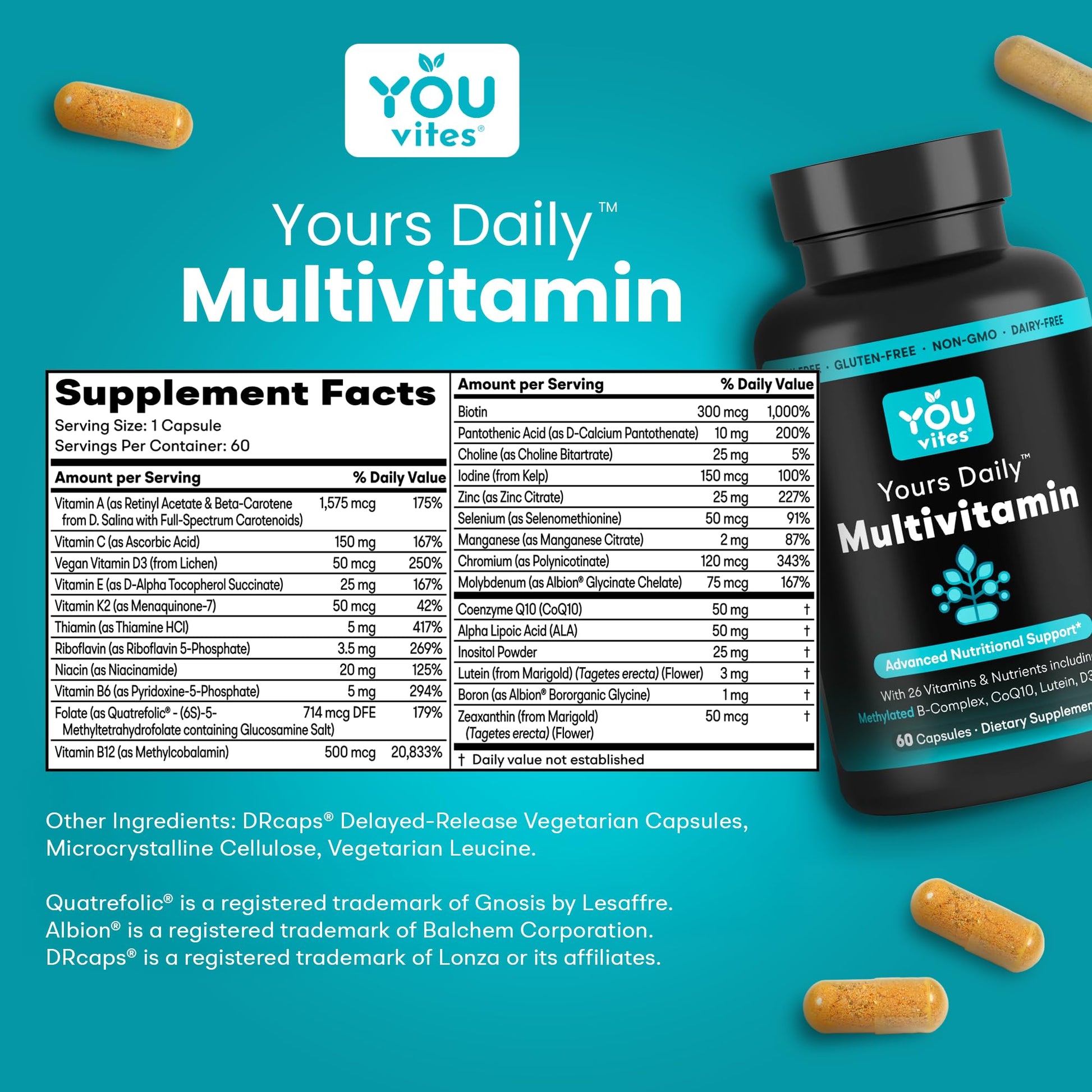 You Vites - Methylated Multivitamin for Men and Women, Methyl Multi Without Iron - 60 Capsules, MTHFR Supplement with Methyl B12, Methylfolate (5-MTHF), CoQ10 for Energy, Heart and Mood Support You Vites Au supplements