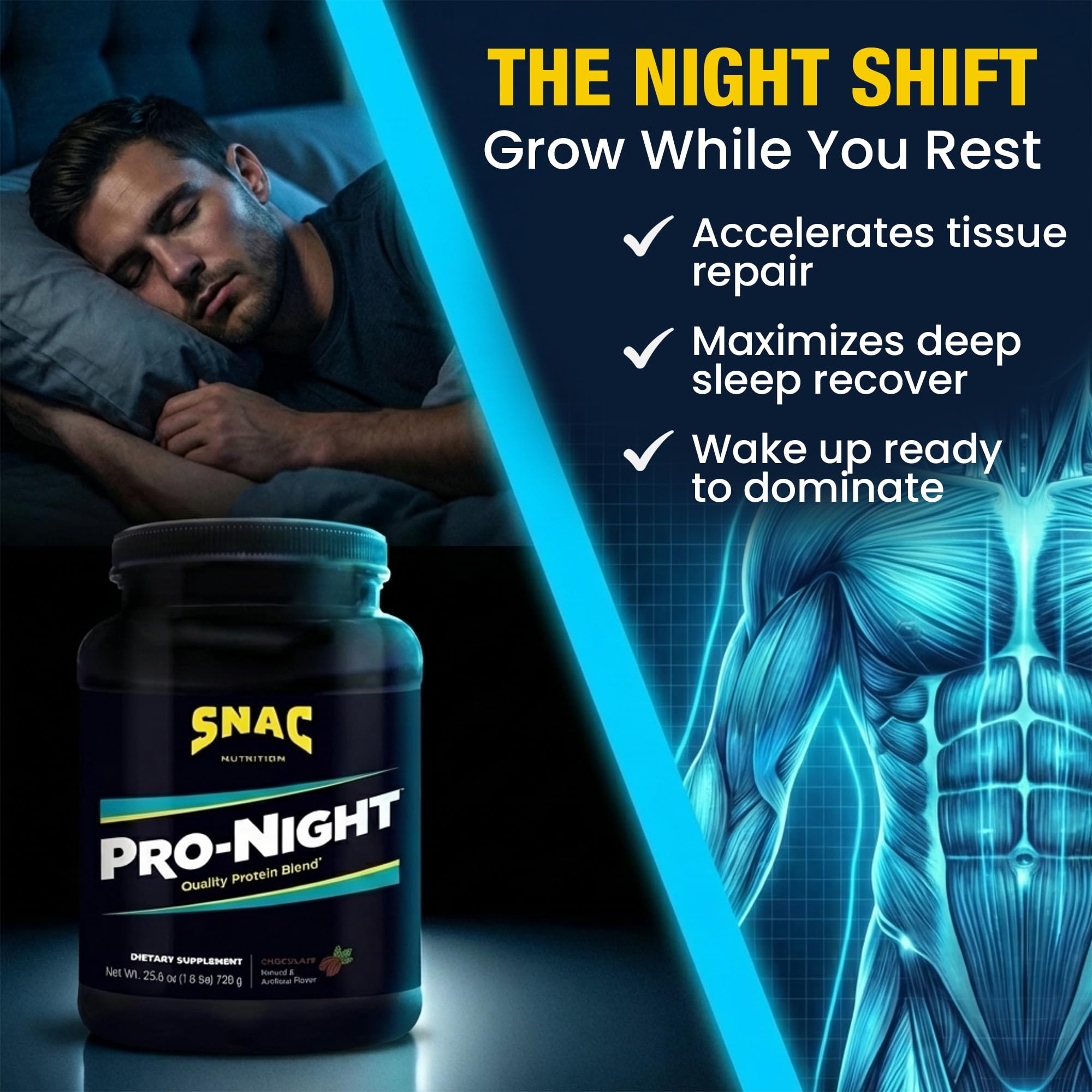 SNAC Pro-Night Protein Powder Blend - Quality Protein Powder for Men and Women, Nighttime Recovery, High Protein Supplement, Supports Muscle Repair, 26g Protein per Serving, Chocolate Flavor, 1.6 lbs SNAC Au supplements