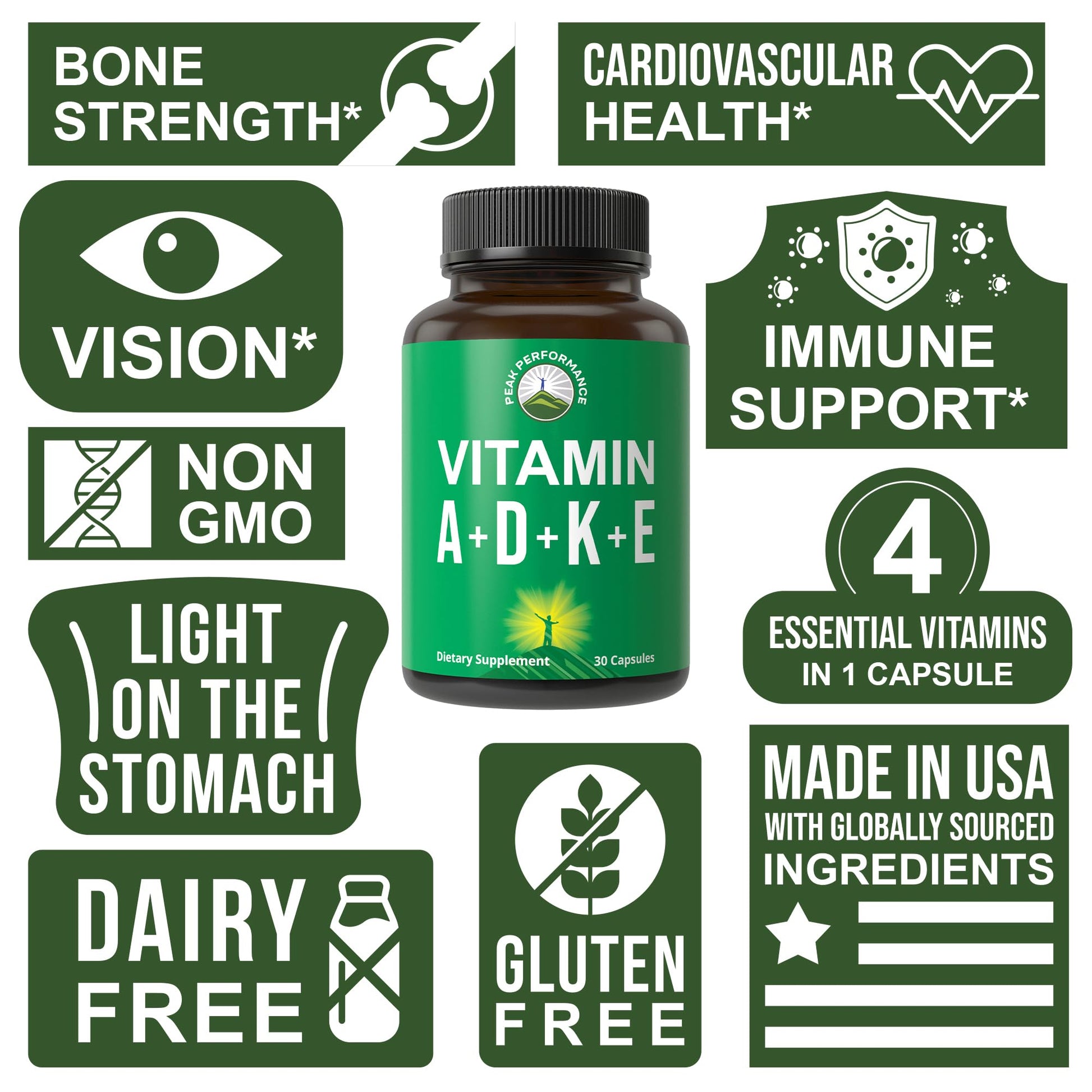 Peak Performance Vitamins D 5,000 iu + A + K + E All in 1 Easy to Swallow Vegan Capsule. ADK Vitamin Supplement with E D3 K2. Essential Vitamins for Mood, Immune, Bone, Vision, Heart Peak Performance Au supplements