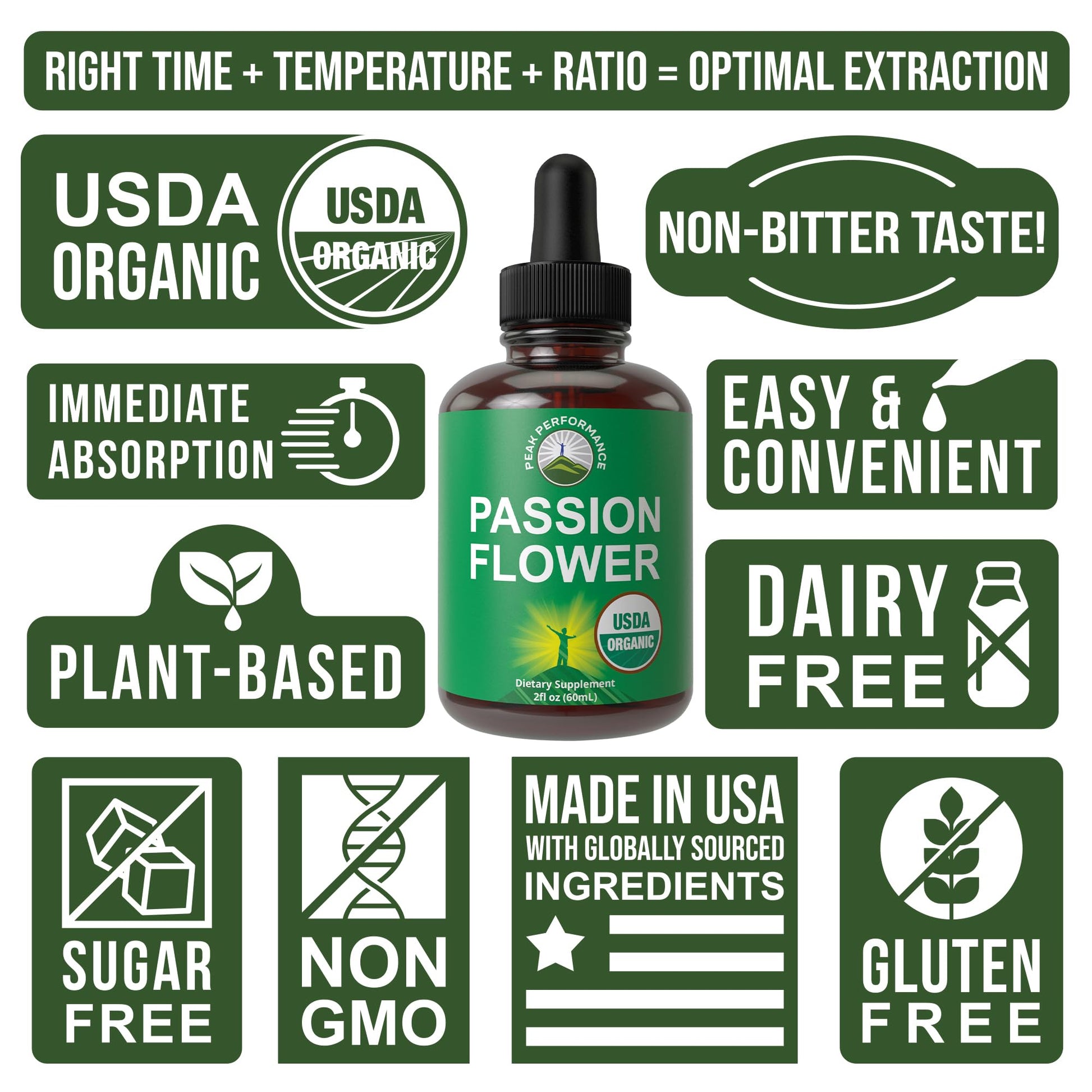 USDA Organic Passion Flower Extract Vegan Liquid Drops with High Bioavailability for Women and Men. Organic Passionflower Supplement with Zero Sugar and Gluten Free. for Calm, Relaxation Support. Peak Performance Au supplements