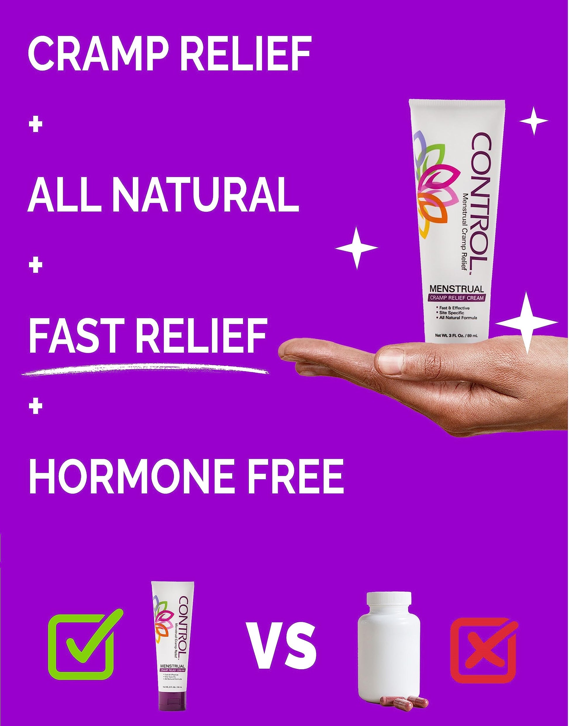 CONTROL, Menstrual Cramp Relief Cream, Topical Pain Relief for Period Cramps and PMS, Period Relief Products, Fast and Effective, Easy to Use, Safe for All Ages, Hormone Free, All Natural, 3 oz Tube. CONTROL Au supplements