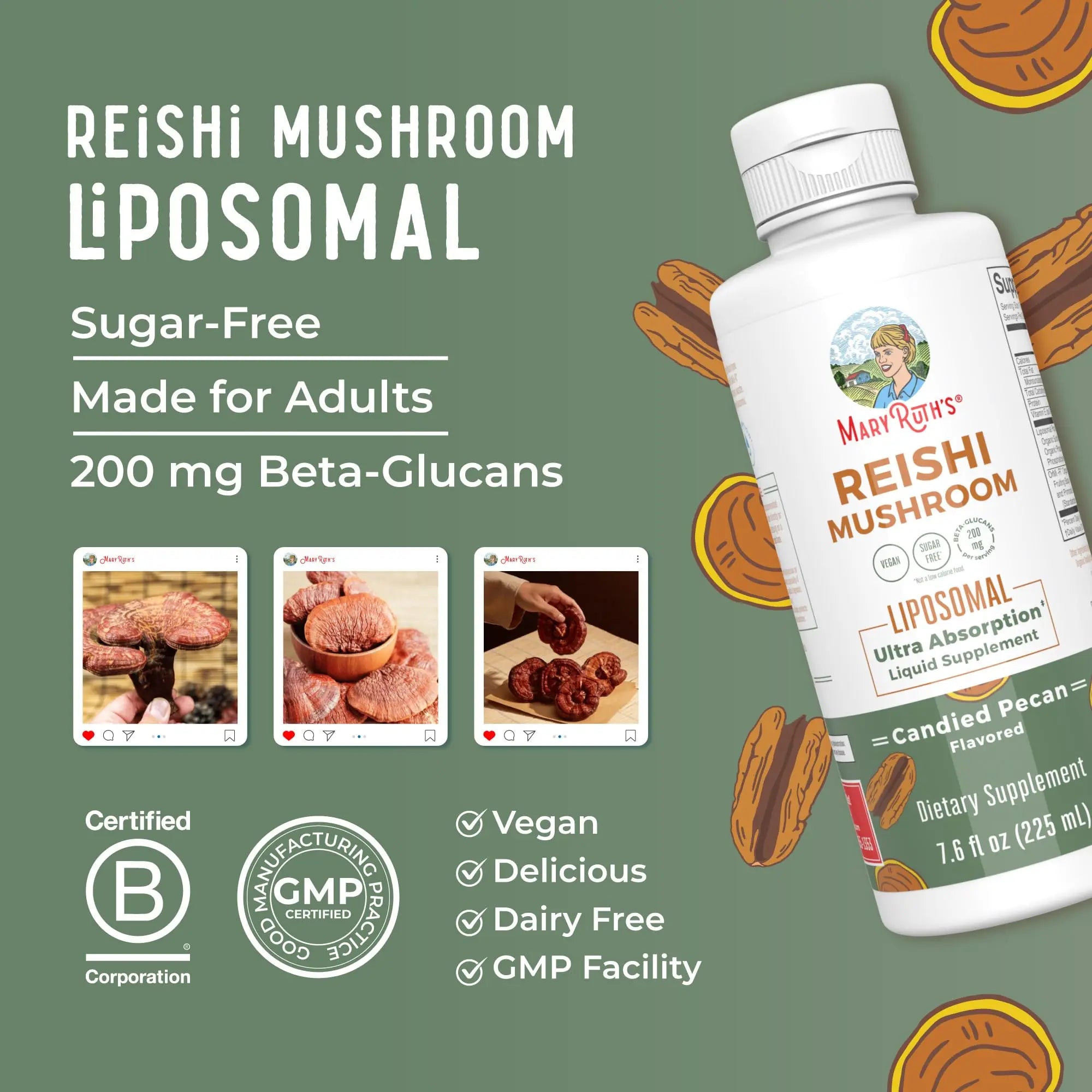 MaryRuth Organics Reishi Vegan Mushroom Supplement | Ultra Absorption Liposomal | Immune Support with 200mg Beta-Glucans, Vegan |Full Spectrum Reishi Mushrooms Fruiting Body | 7.6 oz, MARYRUTH'S Au supplements