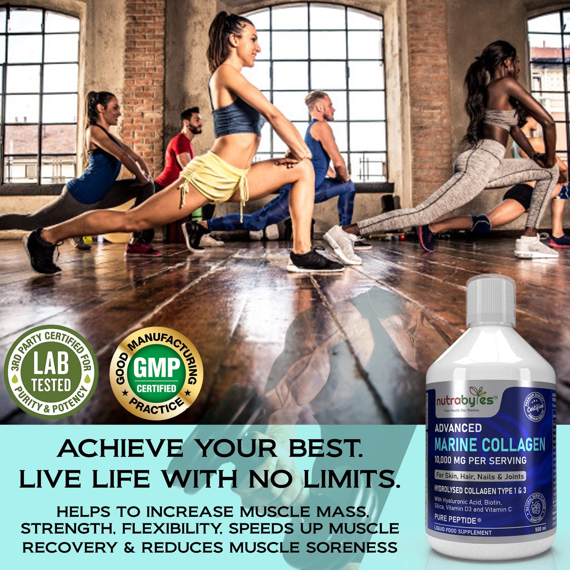 Marine Collagen Liquid 10000mg Sugar Free, Hydrolysed Peptides | Hyaluronic Acid, Biotin, Silica, Vitamin C, Vitamin D3 NUTRABYTES Au supplements