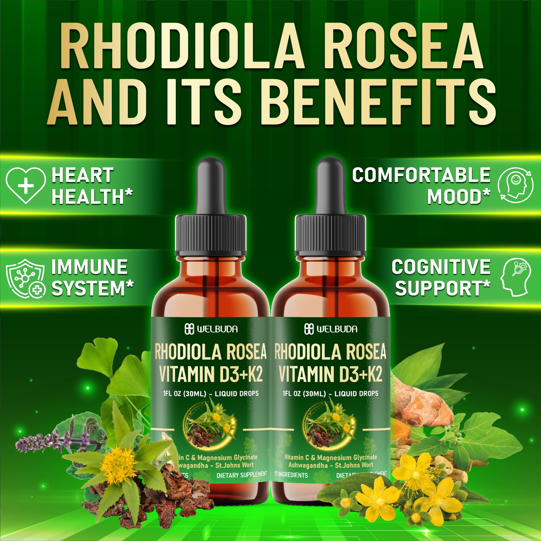 17in1 Rhodiola Rosea Liquid Supplement with Ashwagandha, Magnesium Glycine, L-Theanine, Vitamin C, Vitamin D3, Vitamin K2, Ginkgo, Turmeric, Holy Basil and More - 1 FL Oz - 60 Day Supply WELBUDA Au supplements