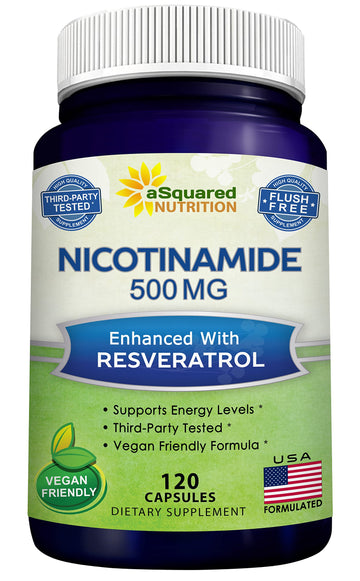 aSquared Nutrition Nicotinamide with Resveratrol - 120 Veggie Capsules - Vitamin B3 500mg (Niacinamide Flush Free) - Supplement Pills to Support NAD, Skin Cell Health & Energy aSquared Nutrition Au supplements
